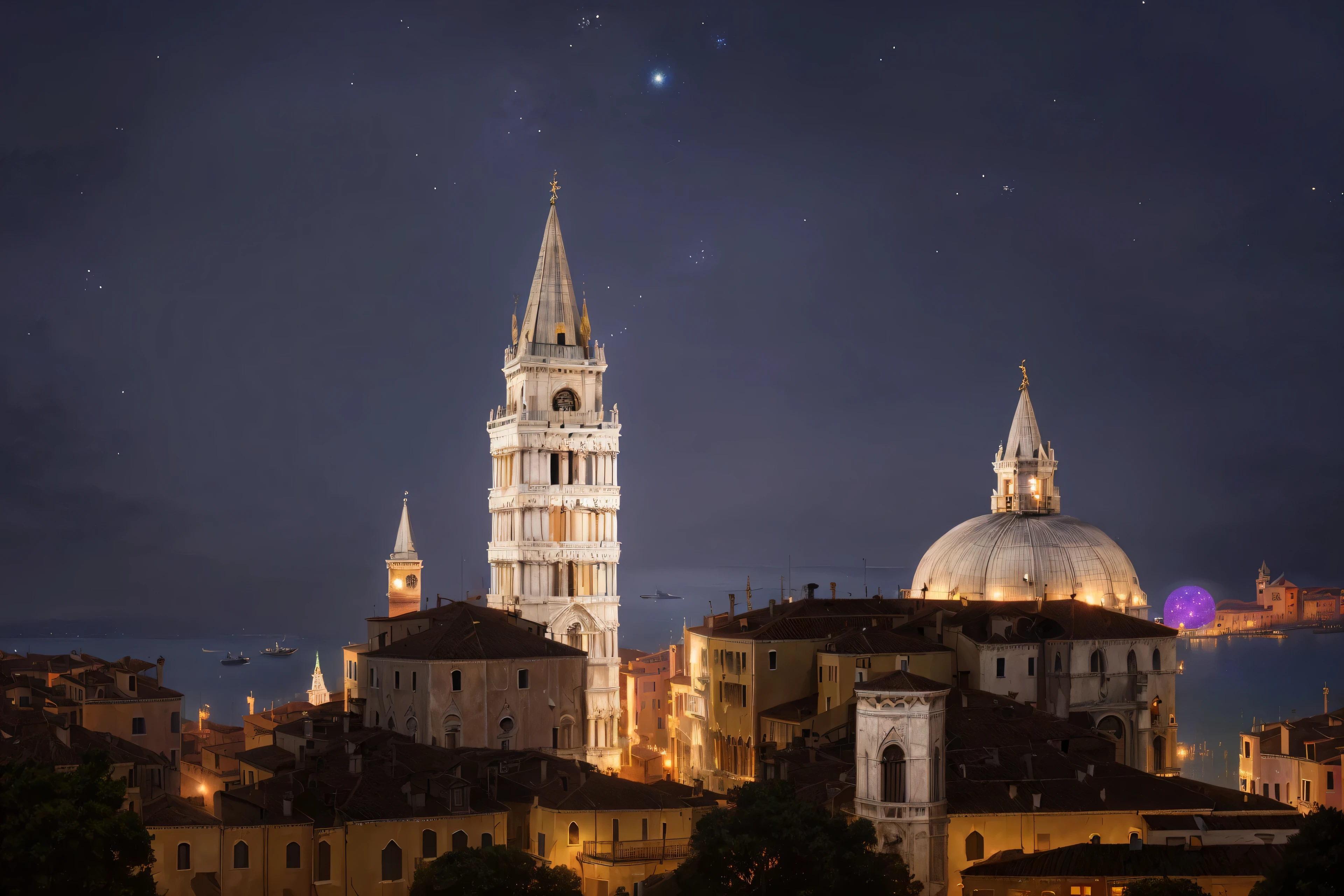 A very detailed photography of a venice skyline, tall bell tower on the left lighting up the surroundings, church dome on the right, starry sky, (fantasy atmosphere: 1.3), ultra detail