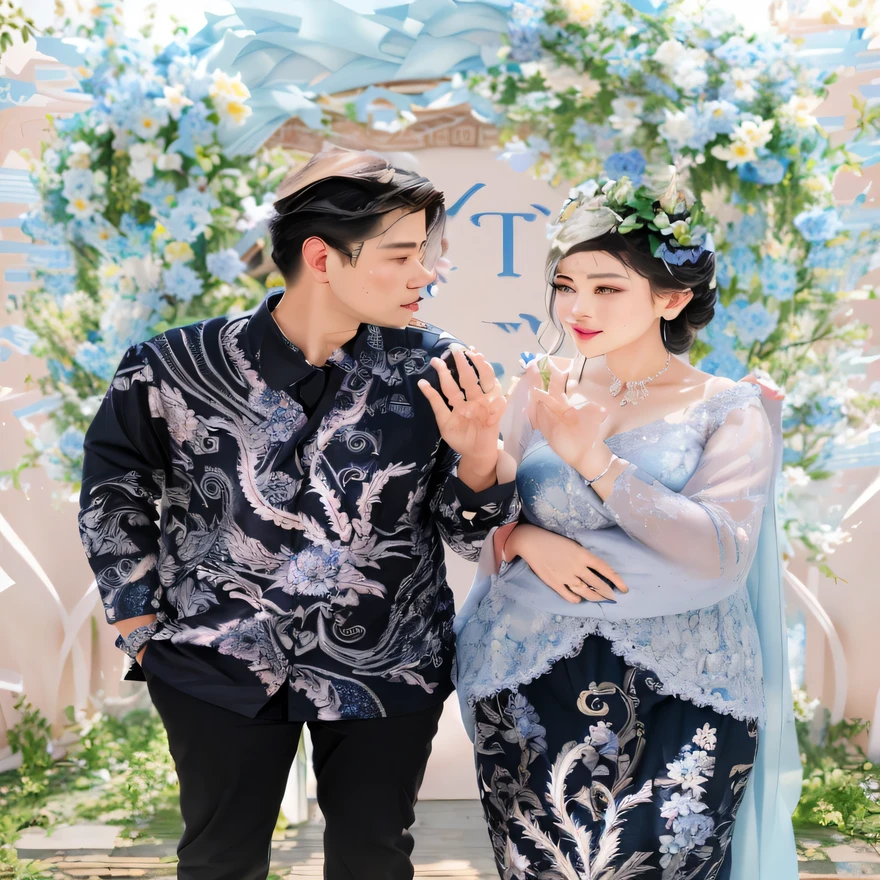 they are standing in front of a floral arch with a sign, couple, lovely couple, backdrop, batik, 🤬 🤮 💕 🎀, grey and blue theme, pastel', yummy, wedding, blue and grey theme, 👅 👅, album, barong family, fanart, yutja, wpol and sarasti, jia, unreal enging