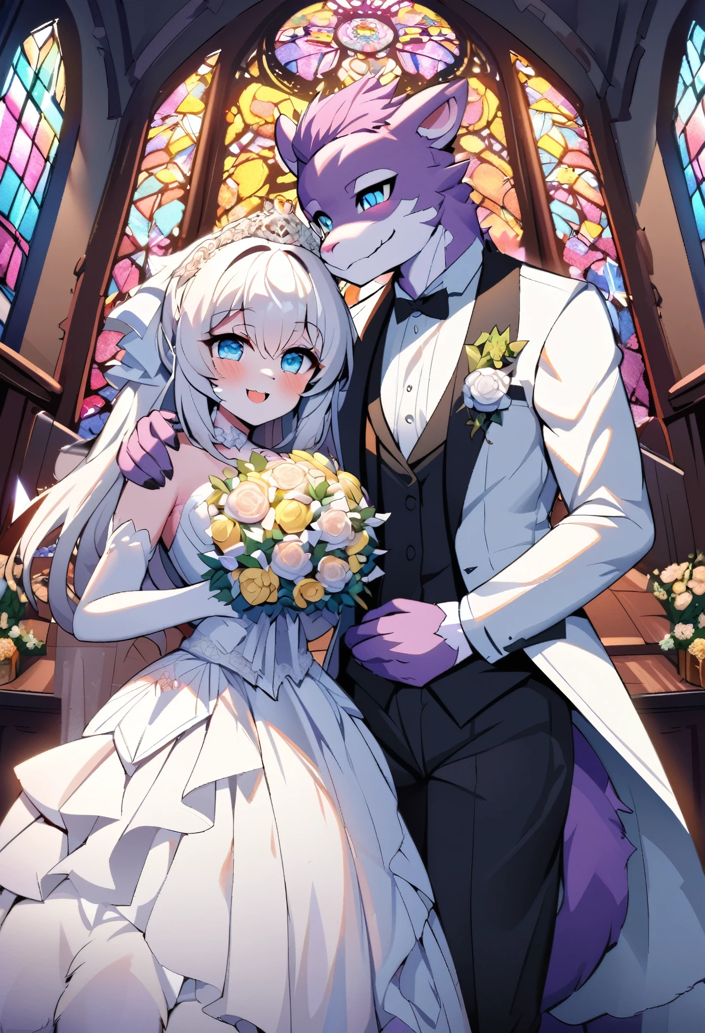 Top quality, ultra-fine illustrations(associations, colorful stained glass with shimmering light, kaleidoscope, wedding aisles lined with jewel-like lamps)(very detailed and beautiful faces, very detailed and beautiful eyes, eyes with lively brilliance)absurdres, perfect anatomy(angelic cute 1girl, kemono, angelic handsome 1boy, couple)(happy wedding, husband in tuxedo, beastman wife in wedding dress, husband hugging wife's shoulders, Two people staring at each other and smiling, wedding photo, bouquet of beautiful flowers, shining wedding ring on ring finger)(furry anthro:1.7)(furry body, animal face features, animal body features)(very detailed fur)full body, smile (dynamic pose),