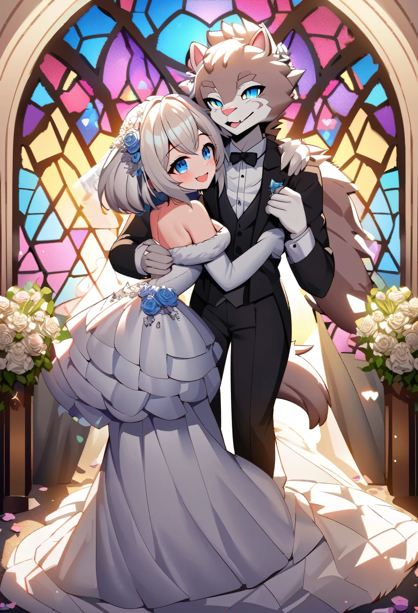 Top quality, ultra-fine illustrations, pixcel art, (associations, colorful stained glass with shimmering light, kaleidoscope, wedding aisles lined with jewel-like lamps)(very detailed and beautiful faces, very detailed and beautiful eyes, eyes with lively brilliance)absurdres, perfect anatomy(angelic cute 1girl, kemono, angelic handsome 1boy, couple)(happy wedding, husband in tuxedo, beastman wife in wedding dress, husband hugging wife's shoulders, Two people staring at each other and smiling, wedding photo, bouquet of beautiful flowers, shining wedding ring on ring finger)(furry anthro:1.7)(furry body, animal face features, animal body features)(very detailed fur)full body, smile, kiss (dynamic pose),