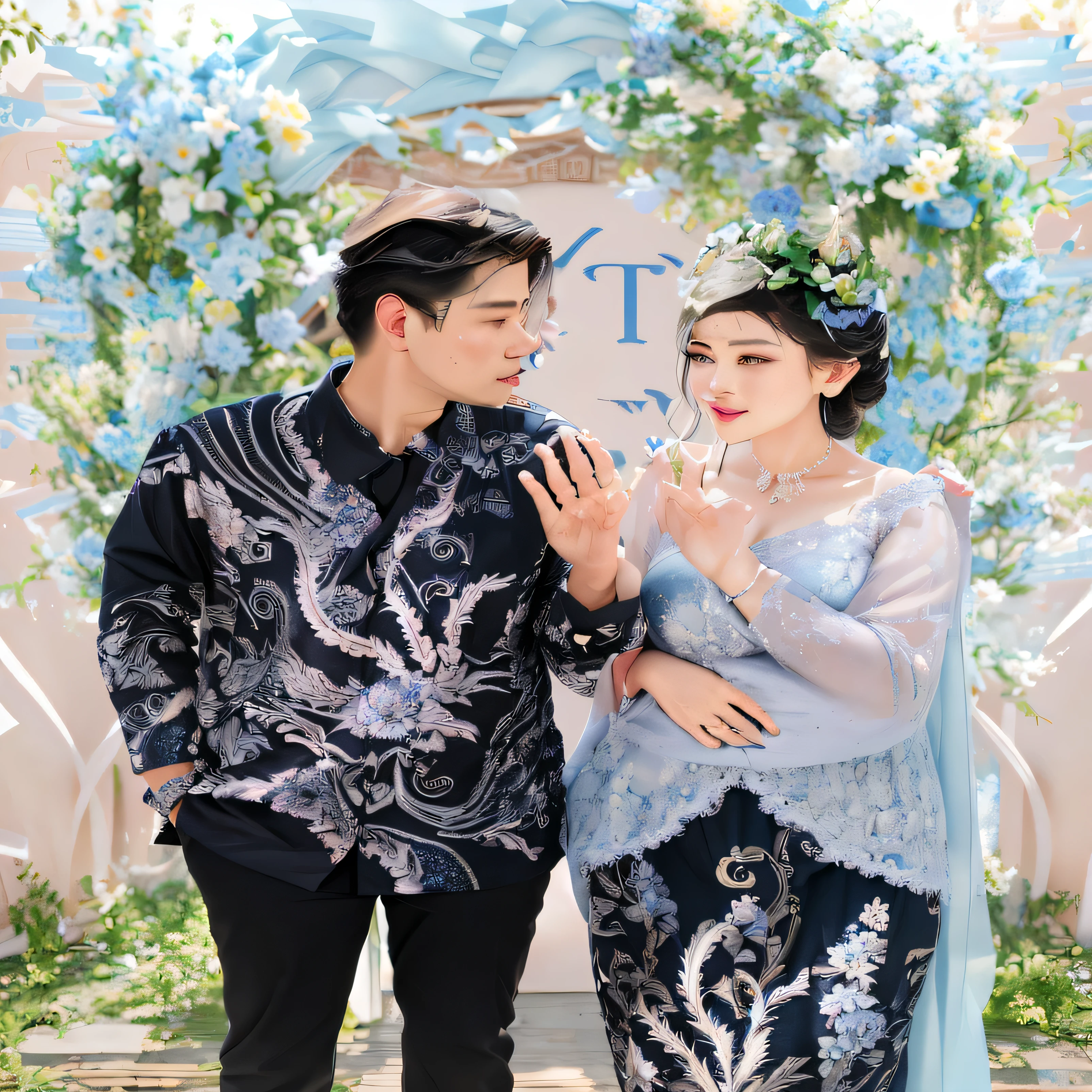 there are two people standing in a garden with a fan, smudge