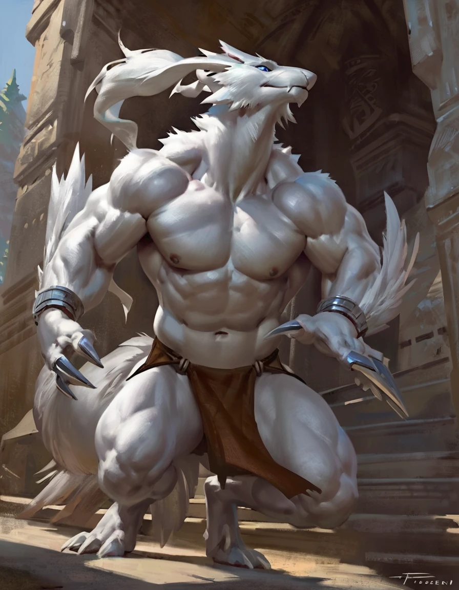 (solo), male anthro reshiram, detailed background, loincloth, masculine pose, by taran fiddler, masterpiece, best art, intense, by pino daeni, nipples