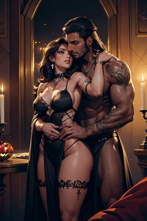 One Handsome short-haired tall huge barbarian beefy muscular Chad in center-of-composition hugging five beautiful bitches tackling him and touching him and feeling him and snuggling him,  dressed like goth punk witches, perfect bodies with nice asses, women: very long flowing hair, flowers in hair, seductive, tattoos, ornate materials, jewelry, 8k photography, raytracing, photorealistic, masterpiece, in love, grins, perfect faces, Flirtatious, setting: a decorated dark neon Halloween  in a fancy castle, dark except for candle light, harem, watercolor, racially diverse, kissing each other, adoration, worship, IF ONE PERSON IN THE PICTURE IS A MAN THEN THE REST MUST BE WOMEN, so many gorgeous women, IF THERE IS ONE MAN THEREFORE THE NEXT PERSON MUST BE A WOMAN