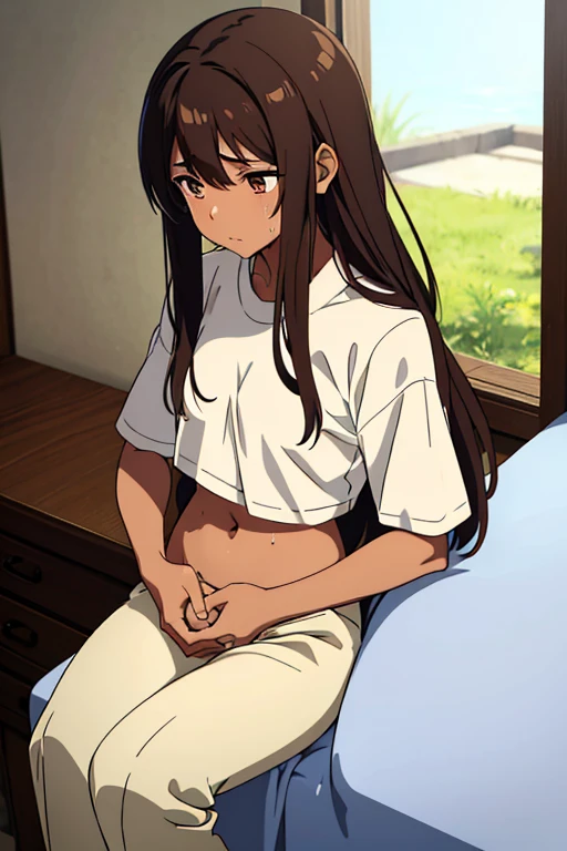 (masterpiece, top quality, best quality), brown skin anime girl wearing a white lowcut shirt and trousers, famished in hunger, (gently resting hands on stomach), (sweating), (long hair), (hands on her stomach)