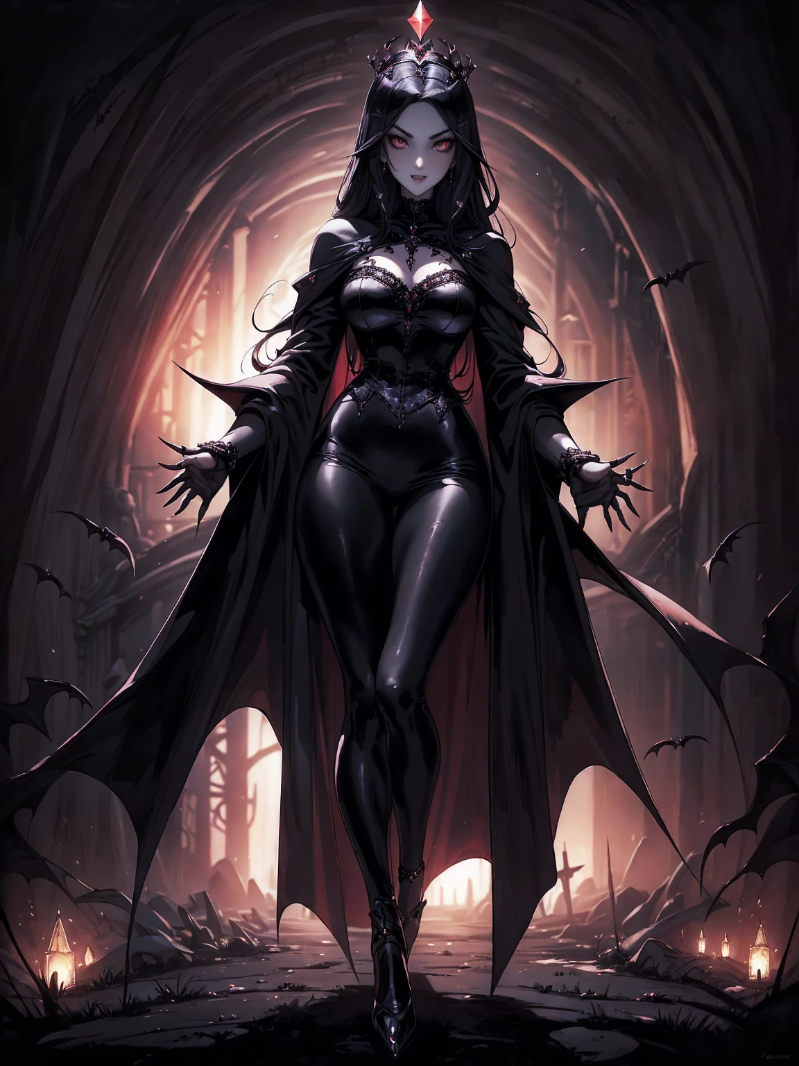 absurdres, ((stunning female Vampire))), goth Renaissance, (long black hair:1.erfect and detailed angular sharp oval shaped face, ((redeyes)), jewelry, red and black tetradic colors, full lips, gothic castle background, (solo), perfect anatomy, approaching perfection, ethereal, intricate details, ultra-high definition, 12k resolution, goth aesthetic, smooth, sharp focus, dreamy, glowing, backlit, glamour, glimmer, fantastical, shadows, smooth, Gothic crown, walking on the ground