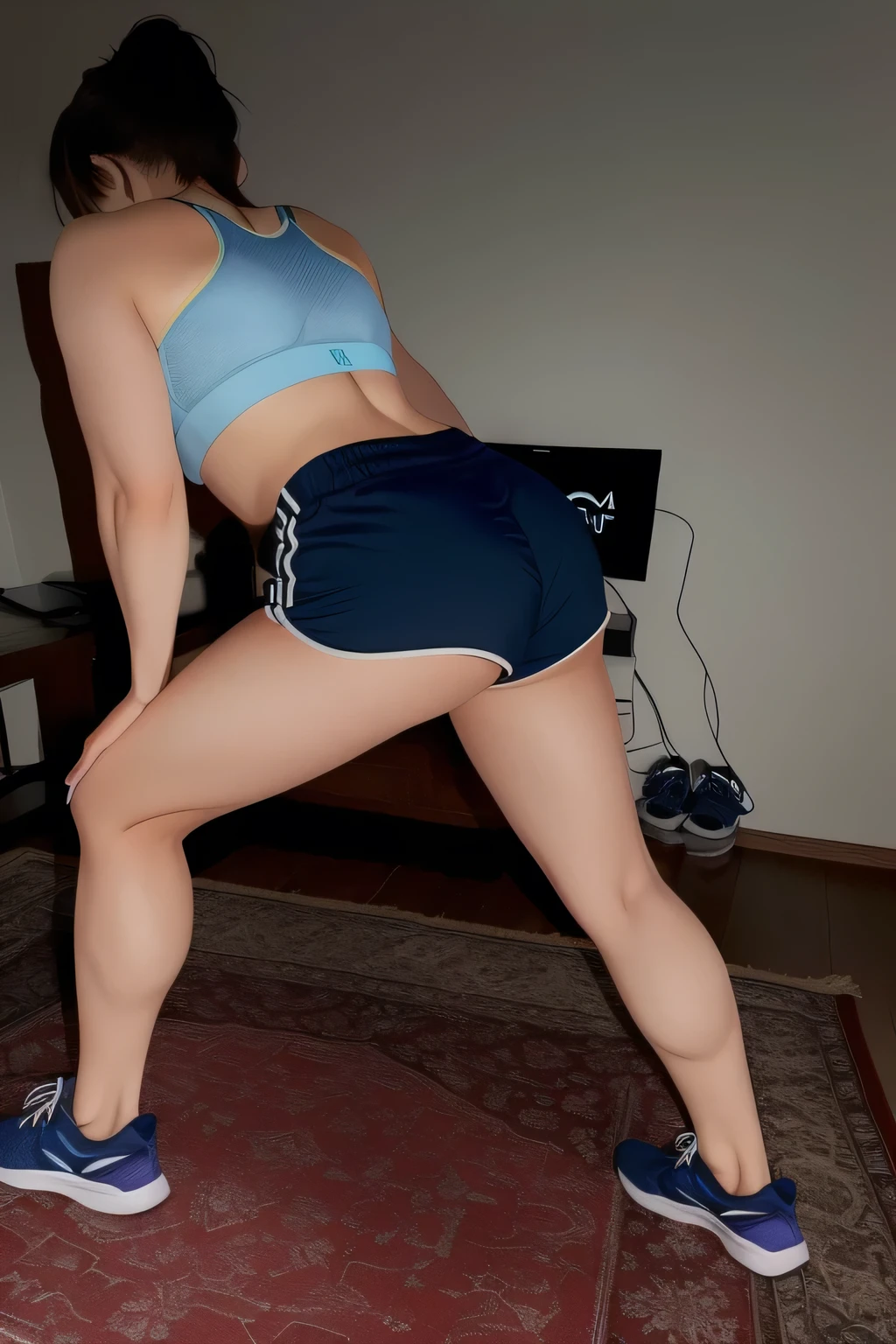 Woman in a short skirt and sneakers playing a video game, sport bra and dark blue shorts, fit pic, exposed thighs!!!, in shorts, sporty physique, working out, bending over, side shot, sport bra and shorts, toned legs, thighs!!!!!!, thighs!!!, long shot from back, y pose, very sexose, toned derriere