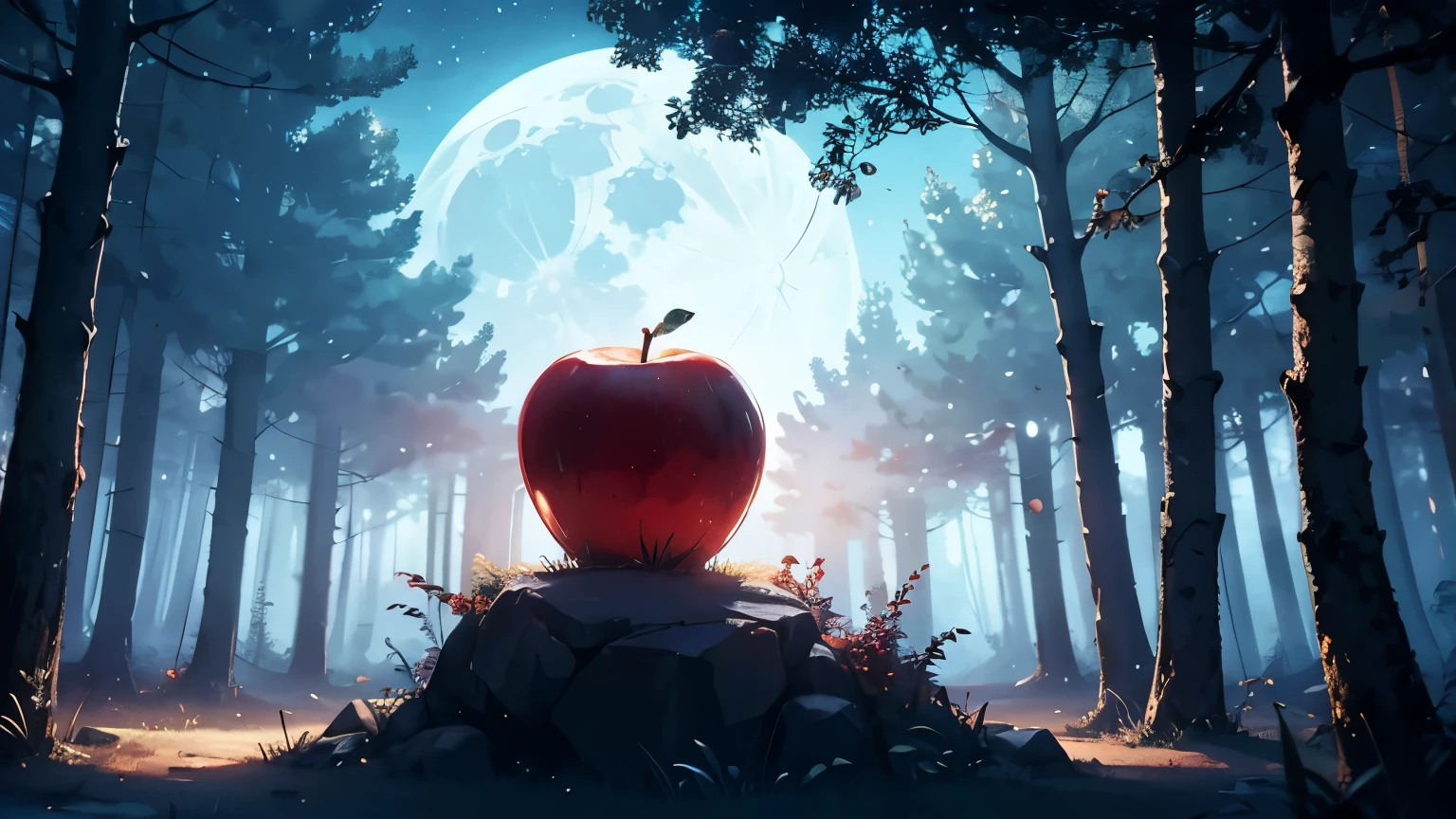 an red apple in midle of the forest, in the night, in the light of the moon volumetric lighting, volumetric shadows, Masterpiece, Best quality, sky,