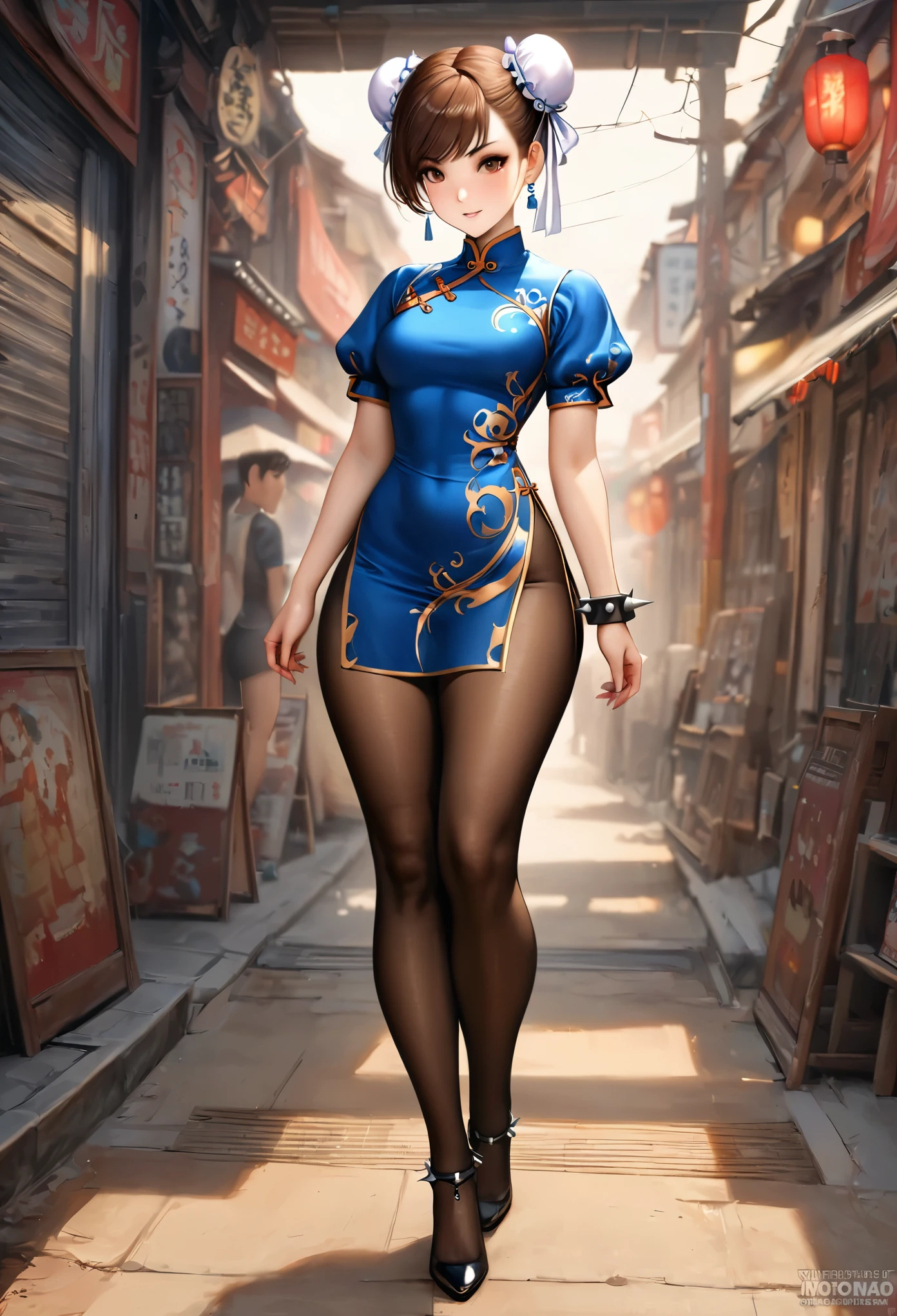 animetoreal,soft light, masterpiece, best quality,high quality,delicate face,1girl,full body, standing,
street_fighter, chun-li,1girl,bracelet, brown_eyes, brown_hair, bun_cover, china_dress, chinese_clothes, double_bun, dress, earrings, hair_bun, jewelry, pantyhose, puffy_short_sleeves, puffy_sleeves, short_hair, short_sleeves, spiked_bracelet, spikes, swept_bangs, thick_thighs, thighs
