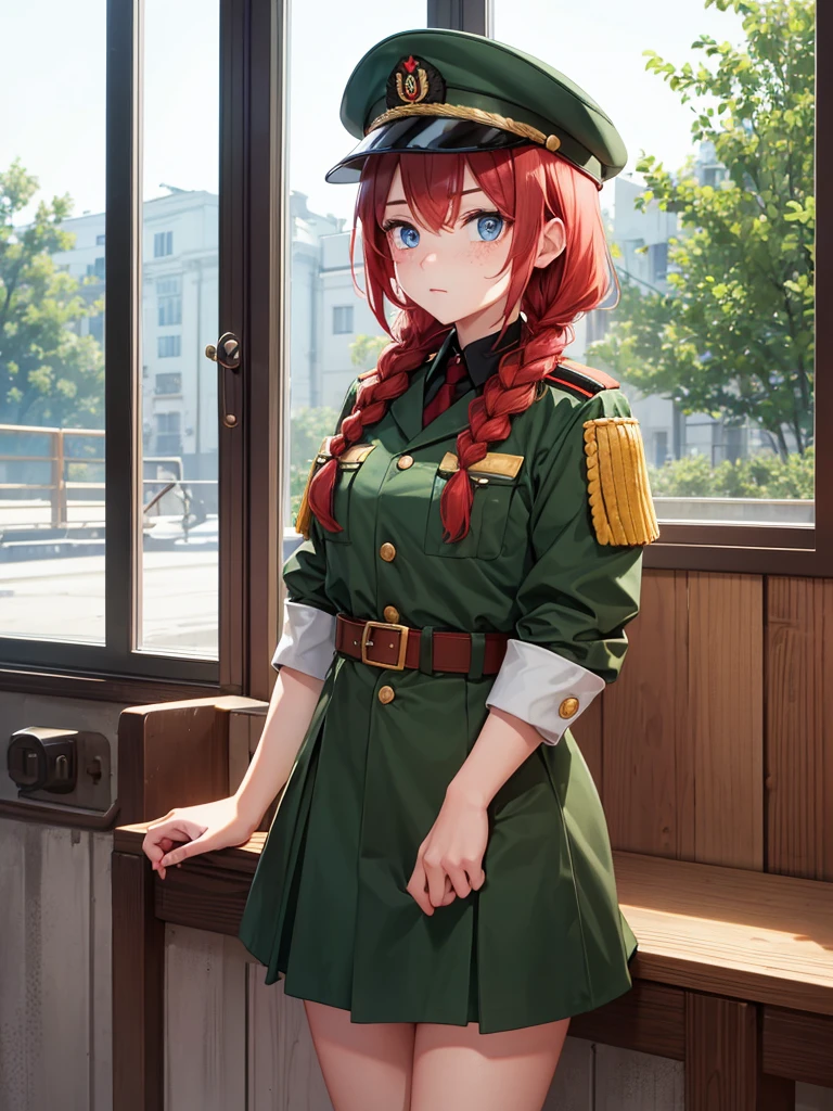check_9, check_8_up, check_7_up, source_аниме BREAK 1girl, One,Soviet Military Uniform, soviet cap, belt, Red hair, braided hair, freckles, Look at the viewer, emotions, T_T, skirt, Blue eyes, window, tree