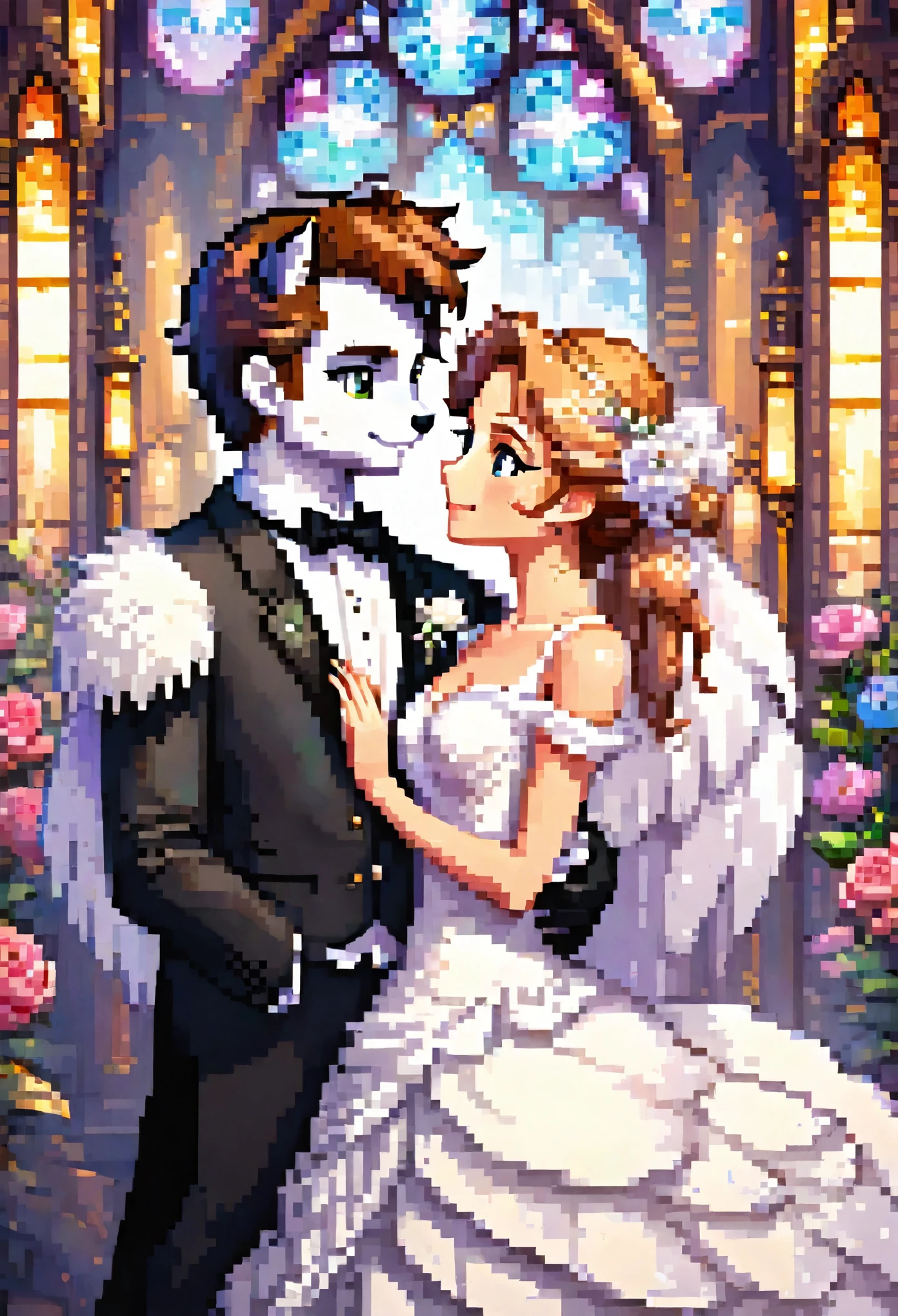 Top quality, ultra-fine illustrations, pixcel art, (associations, colorful stained glass with shimmering light, kaleidoscope, wedding aisles lined with jewel-like lamps)(very detailed and beautiful faces, very detailed and beautiful eyes, eyes with lively brilliance)absurdres, perfect anatomy(angelic cute 1girl, kemono, angelic handsome 1boy, couple)(happy wedding, husband in tuxedo, beastman wife in wedding dress, husband hugging wife's shoulders, Two people staring at each other and smiling, wedding photo, bouquet of beautiful flowers, shining wedding ring on ring finger)(furry anthro:1.7)(furry body, animal face features, animal body features)(very detailed fur)full body, smile, kiss (dynamic pose),