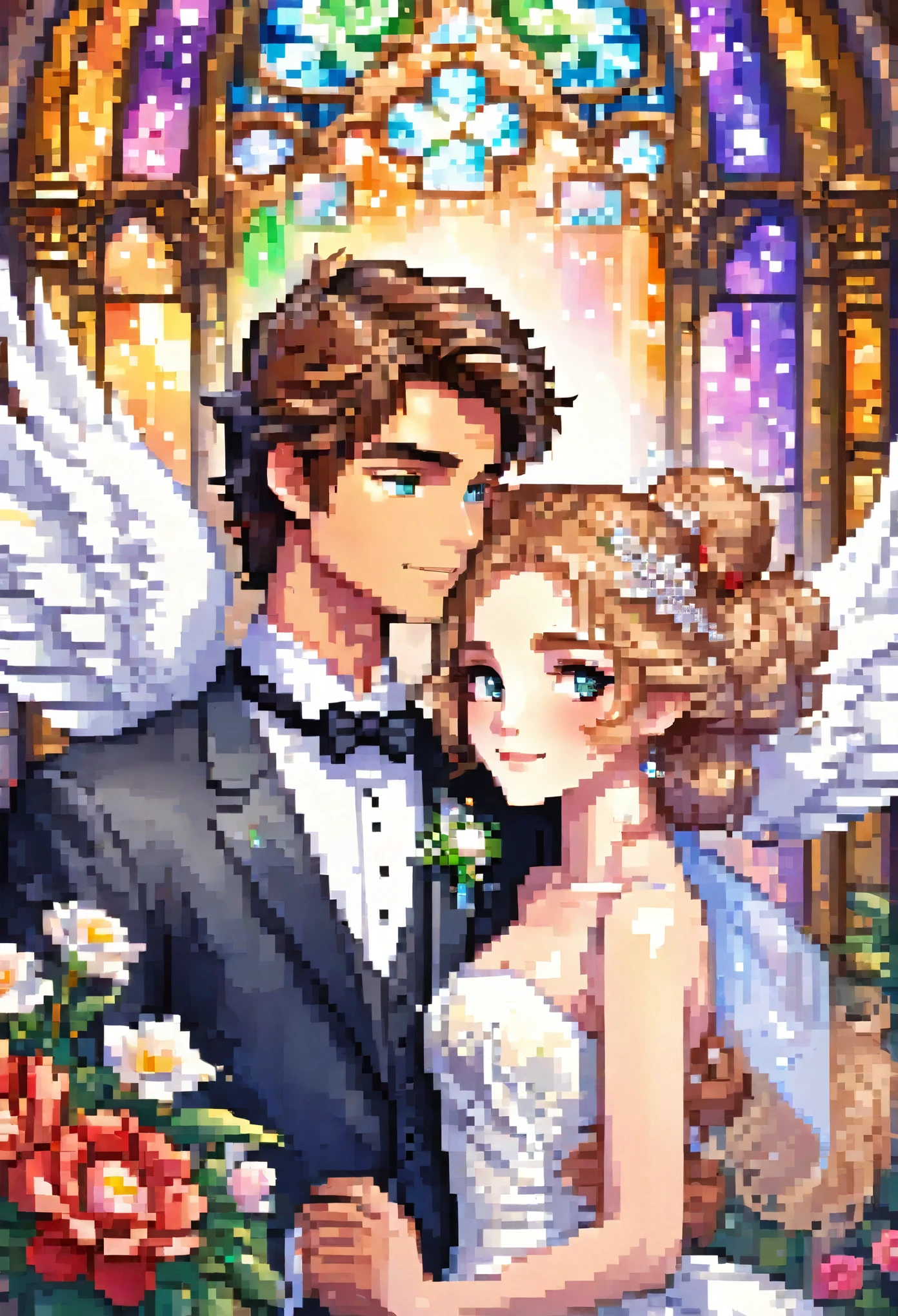 Top quality, ultra-fine illustrations, pixcel art, (associations, colorful stained glass with shimmering light, kaleidoscope, wedding aisles lined with jewel-like lamps)(very detailed and beautiful faces, very detailed and beautiful eyes, eyes with lively brilliance)absurdres, perfect anatomy(angelic cute 1girl, kemono, angelic handsome 1boy, couple)(happy wedding, husband in tuxedo, beastman wife in wedding dress, husband hugging wife's shoulders, Two people staring at each other and smiling, wedding photo, bouquet of beautiful flowers, shining wedding ring on ring finger)(furry anthro:1.7)(furry body, animal face features, animal body features)(very detailed fur)full body, smile, kiss (dynamic pose),