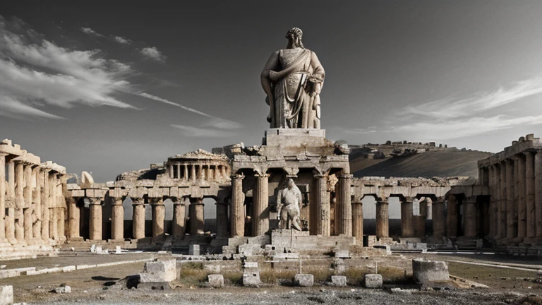 "A dark landscape image of an ancient greek society deeply connected to stoicism, black and white, ancient greek architecture, include one single big statue of a stereotypical strong greek man, marcus aurelius --ar 16:9 --style G4JuqKlERum6vZGYhO9USsL"
