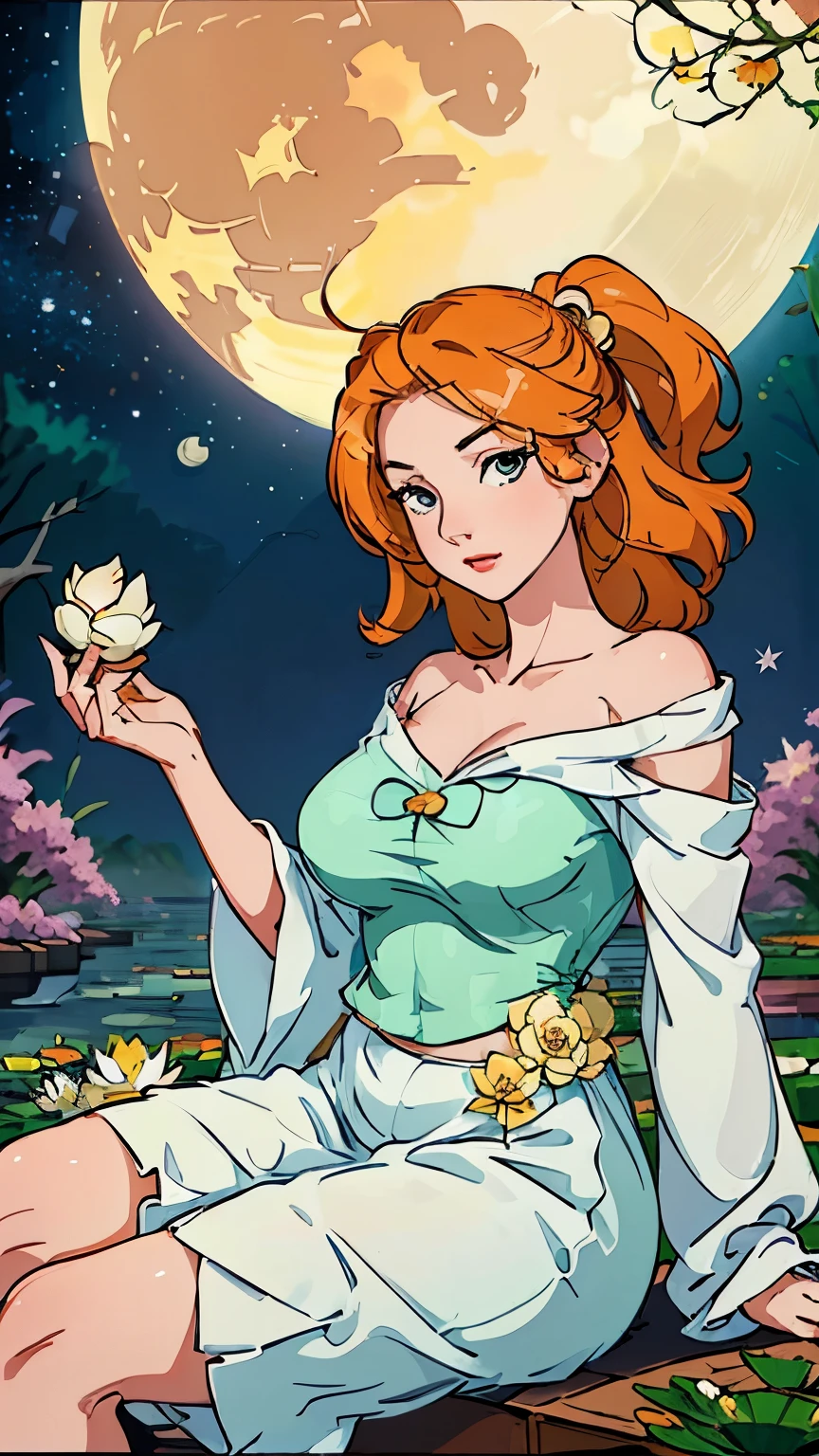 Korean woman age 29, ((Sitting in a river with many lotus flowers)), ((big star)), lotus flower and lotus leaf, ((Sky background with big stars)), Clip-in hairstyle, ((Roman frame)), Off shoulder dress, starry upper tribute, ((On the back there is a large moon on the head.)), Clear full moon and clouds, picture frame, Hair covering the chest
