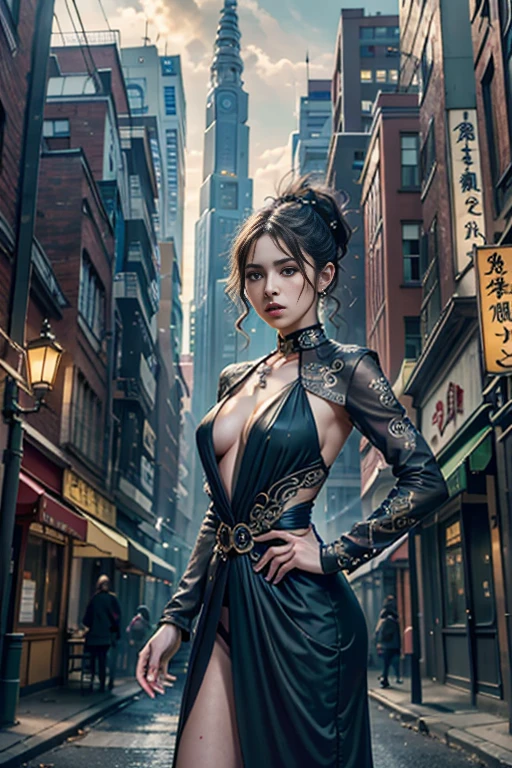 best quality,4k,8k,highres,masterpiece:1.2,ultra-detailed,realistic:1.37,HDR,UHD,studio lighting,ultra-fine painting,sharp focus,physically-based rendering,extreme detail description,professional,art nouveau,tarot card style,dynamic angle, high octane action,dynamic pose, joy expression, (A persona user, accompanied by their guardian spirit, stands in a vibrant and bustling city. The persona user, dressed in stylish and unique attire, exudes confidence and determination. The persona user stands tall, projecting an aura of strength and power.), (Beside the persona user, their guardian spirit manifests in the form of a Yokai, a supernatural creature known for its mystical abilities. With intricate details and vibrant colors, the Yokai emanates an otherworldly presence. It serves as a visual representation of the persona user's inner self, both a protector and a source of power.), (Surrounding the persona user and the Yokai, the cityscape comes alive with bustling streets, vibrant signs, and towering skyscrapers. The city is bathed in the hues of sunset, casting a warm and mysterious glow over the scene. The lights from the city create an enchanting ambiance, highlighting the contrast between the modern metropolis and the fantastical elements of the persona user and the Yokai.), (In terms of art style, the image is brought to life with bold lines, dynamic poses, and a unique blend of realism and fantasy. The art style seamlessly integrates the supernatural elements with the urban setting, creating a visually striking composition.), (The lighting in the image is carefully crafted to enhance the atmosphere and mood. Soft, diffused light illuminates the persona user's face, accentuating their features and adding a touch of mystery. The cityscape is bathed in golden hues, creating a warm and inviting ambiance that contrasts with the supernatural elements of the scene.)