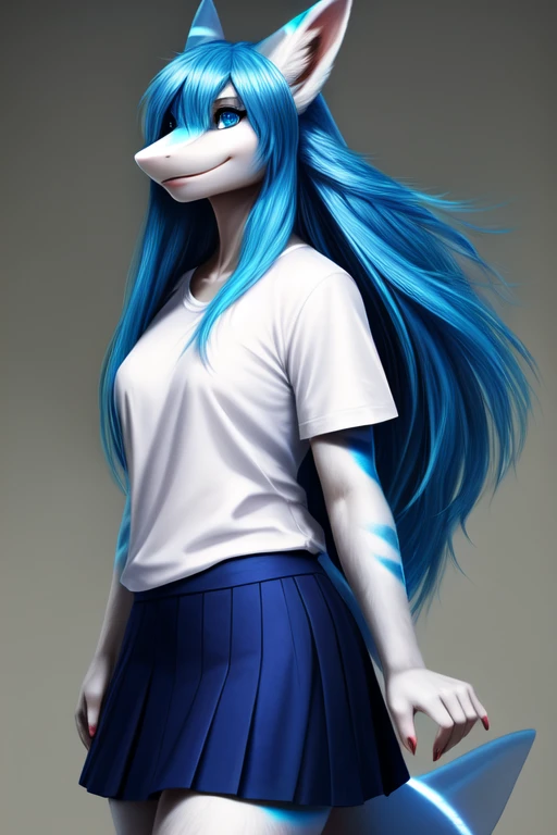 Female, anthro shark, standing, perfect, realistic looking, fur body, fur all over, bioluminescent markings, very long hair, long blue hair, blue eyes, white T-shirt, skirt,
