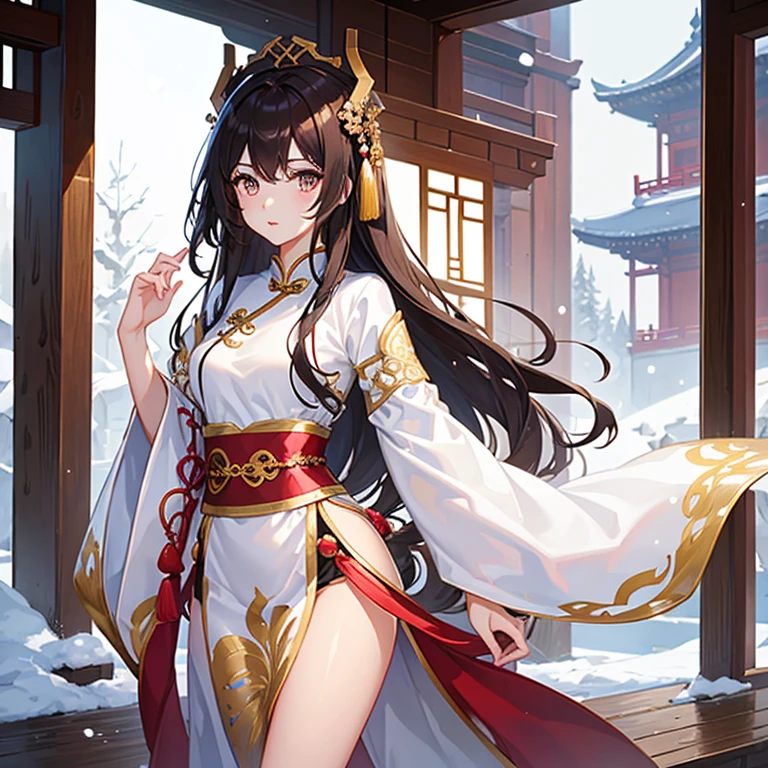 Beautiful young woman, fair complexion, slim build, long loose brown hair, dark golden eyes, pink lips, snow white ancient traditional Chinese dress