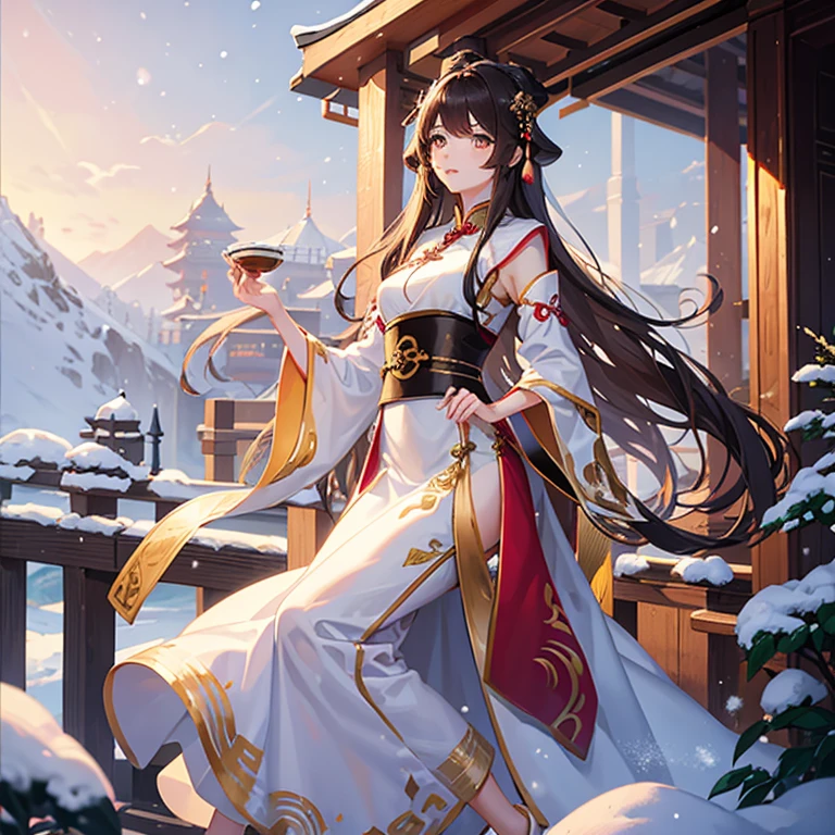 Beautiful young woman, fair complexion, slim build, long loose brown hair, dark golden eyes, pink lips, snow white ancient traditional Chinese dress
