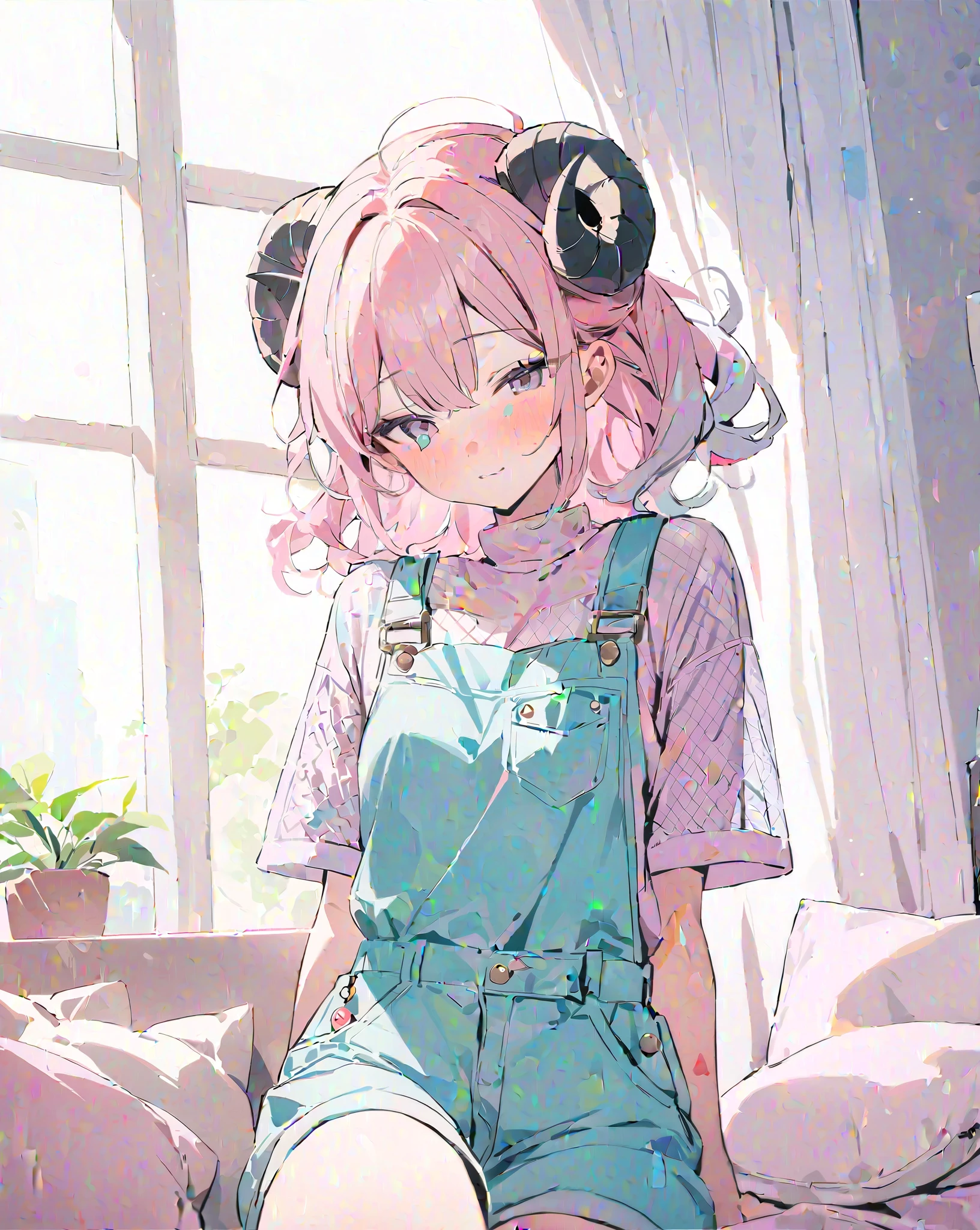 masterpiece, highest quality, alone,pastel colour,Pink Hair,Purple Mesh,Light blue sauce,Cheerful personality,I like pranks,Neat clothes,Overall a soft atmosphere,Sheep horns are growing,Lamb&#39;s ears growing.