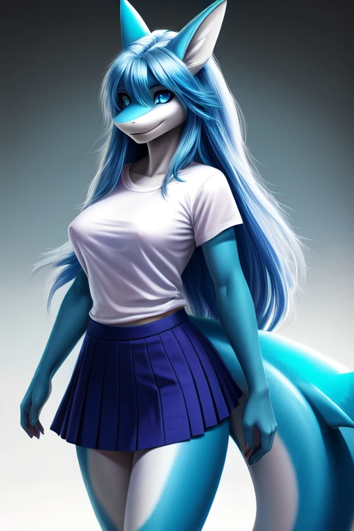 Female, anthro shark, standing, perfect, realistic looking, fur body, fur all over, bioluminescent markings, very long hair, long blue hair, blue eyes, white T-shirt, skirt, full breast,