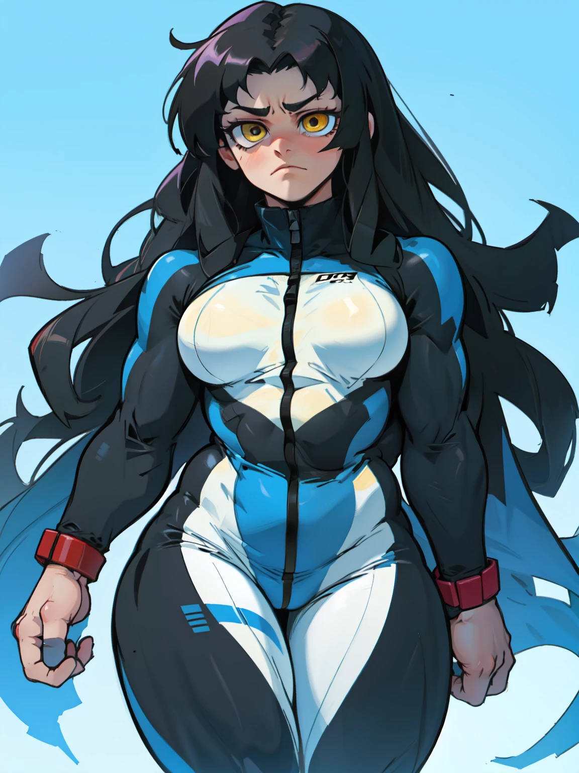 ((((muscular 1girl)))) ((((thick toned body breasts)))) black hair yellow eyes very long hair expressionless sad skinsuit