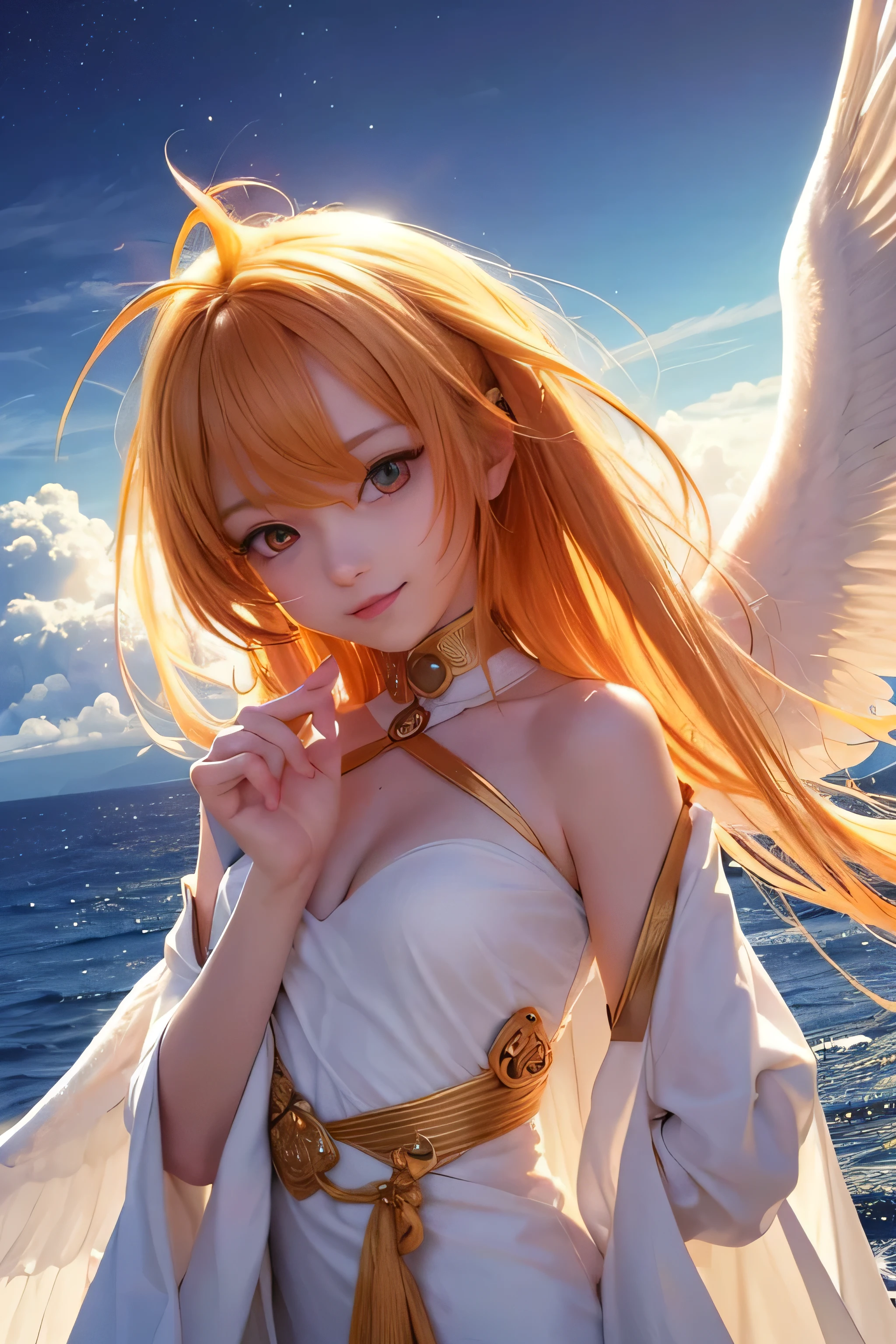 Seraphim, orange. masterpiece. high quality, high score. 6 wings. Smile. Sky. Clouds. Big orange eyes, beautiful body. Cute face/ 3/4 turn. Super hight quality, many details. Wind. Sun. Sunshine/ Long hair/ Fractal/ golden proportions/ Correct proportions, Correct hands. Correct face. Cute face. look at the viewer