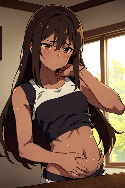 (masterpiece, top quality, best quality) brown skin anime girl in a sleeveless lowcut shirt, ((showing the top of the chest)), famished in hunger, (gently resting hands on stomach), (sweating), (long hair), (hands on her stomach)