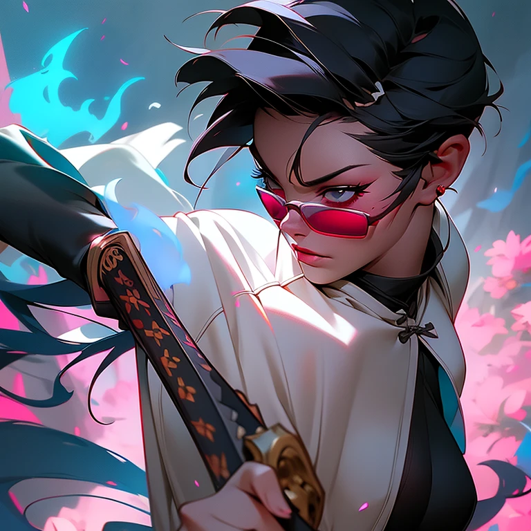 Chinese fada Mulan attack position, badgirl, com espada katana e tentaculos ao redor, gray neon smoke, cristais azuis na parede