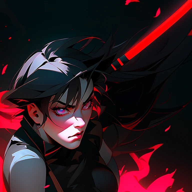 Chinese fada Mulan attack position, badgirl, com espada katana e tentaculos ao redor, gray neon smoke, cristais azuis na parede