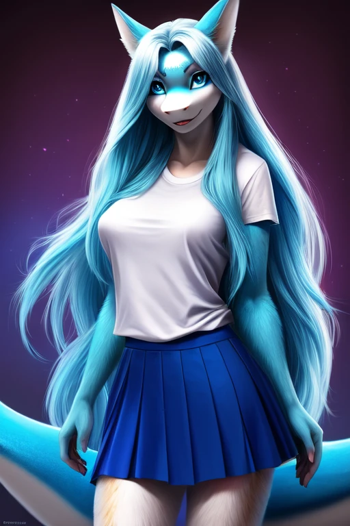 Female, anthro shark, standing, perfect, realistic looking, fur body, fur all over, bioluminescent markings, very long hair, long blue hair, blue eyes, white T-shirt, skirt, full breast,