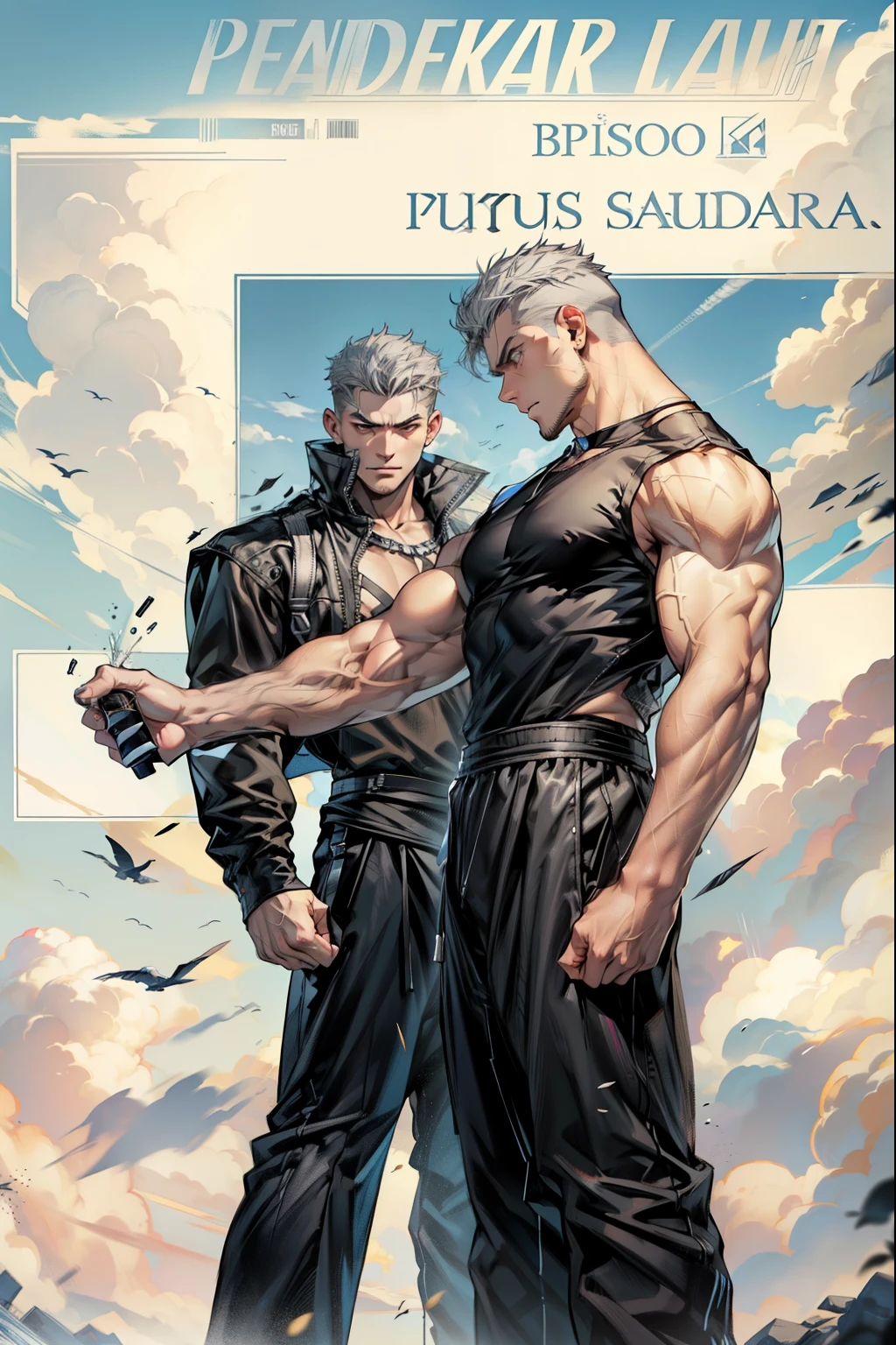 boys 26 Years old, Serious face, wearing black sleeveless shirt, black pants, gray hair, levitate on sky, blue sky, cloud