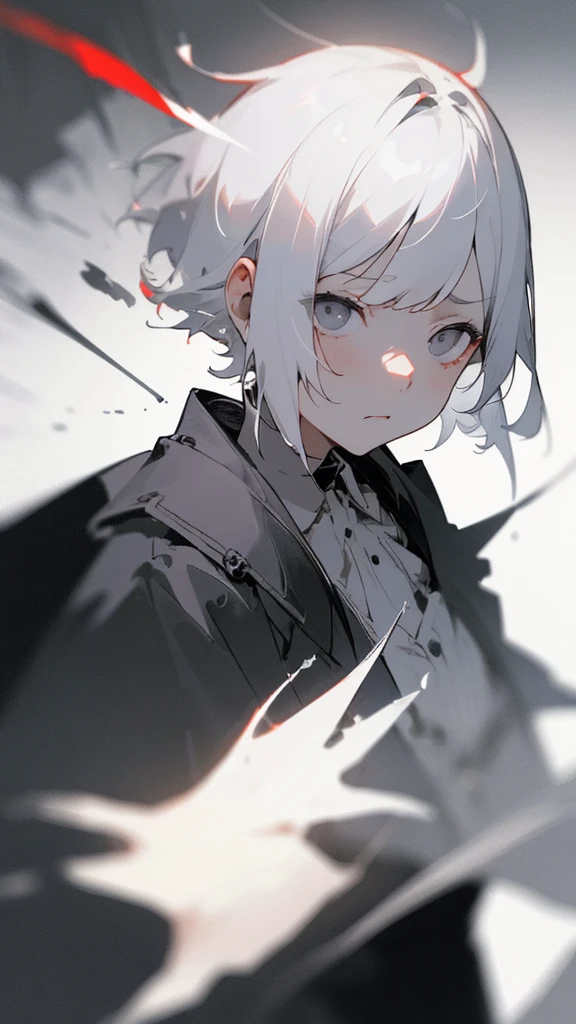 (masterpiece、highest quality)、Short nape hair、1 girl with very short white hair、Black cardigan、Grim expression、Grey Eyes、Warm lighting、 Blurred foreground、Deep in the night、High Contrast、night、In the city,it's,winter,Alone in the vast snowy field,whole body,curse,Looking at me,Huge construction,moon,snow,snow,snowが降る