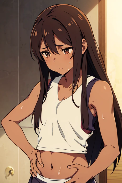 (masterpiece, top quality, best quality) brown skin anime girl in a sleeveless lowcut top, ((showing the top of the chest)), famished in hunger, (gently resting hands on stomach), (sweating), (long hair), (hands on her stomach)