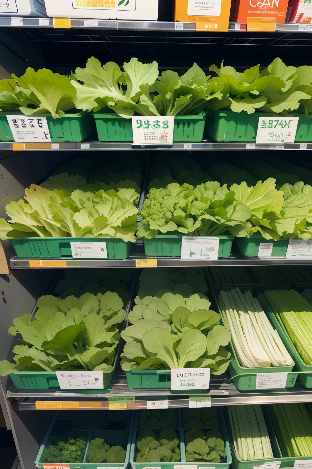 illustration, Simple illustration,Five packs of fresh cut lettuce on a supermarket shelf exposed to light
