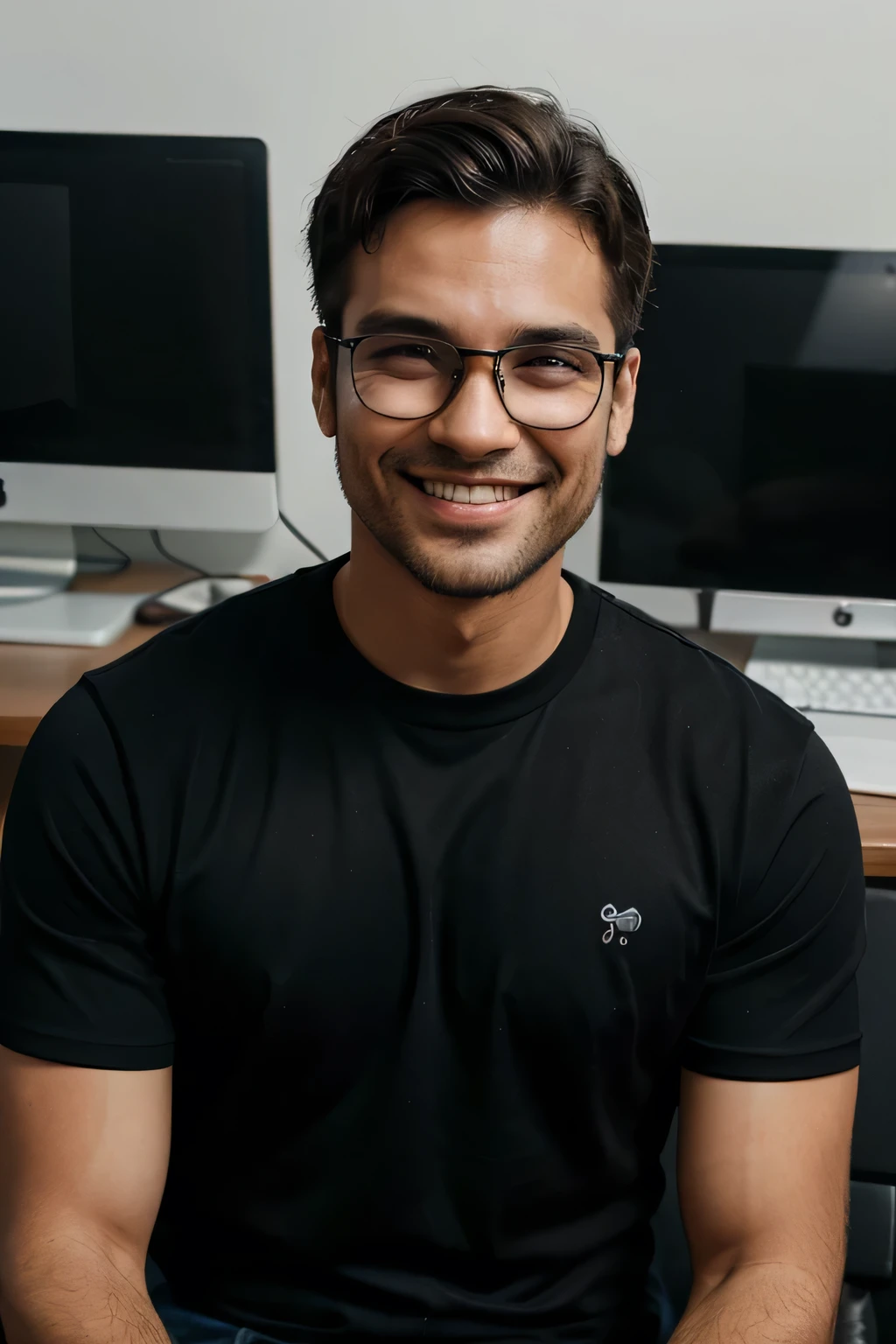 Homem Jovem com 25 anos sorrindo usando oculos, working in the office in a black shirt
