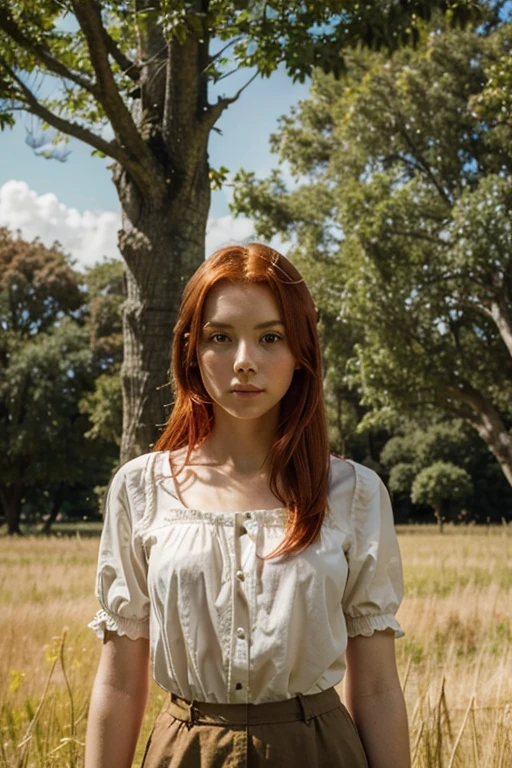 A photo of a girl with a straw shirt and red hair in a field with big trees