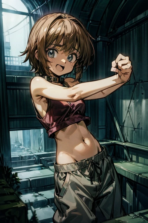 ((Masterpiece)), (Anime:1.5), ((best quality)), (RAW photo:1.2), (High Definition:1.3), (Professional Photography:1.2), (glowing light), 1girl, ((12 years old)), (very smug), open mouth, looking at viewer, (slightly exposed navel), (grey tanktop), barearms, ((jersey pants pull down)), (collar around the neck), (medium breast), cute hip, (Boxer pants), BREAK, ((best quality)), (Fighting pose:1.4), (inside the creepy sewers),