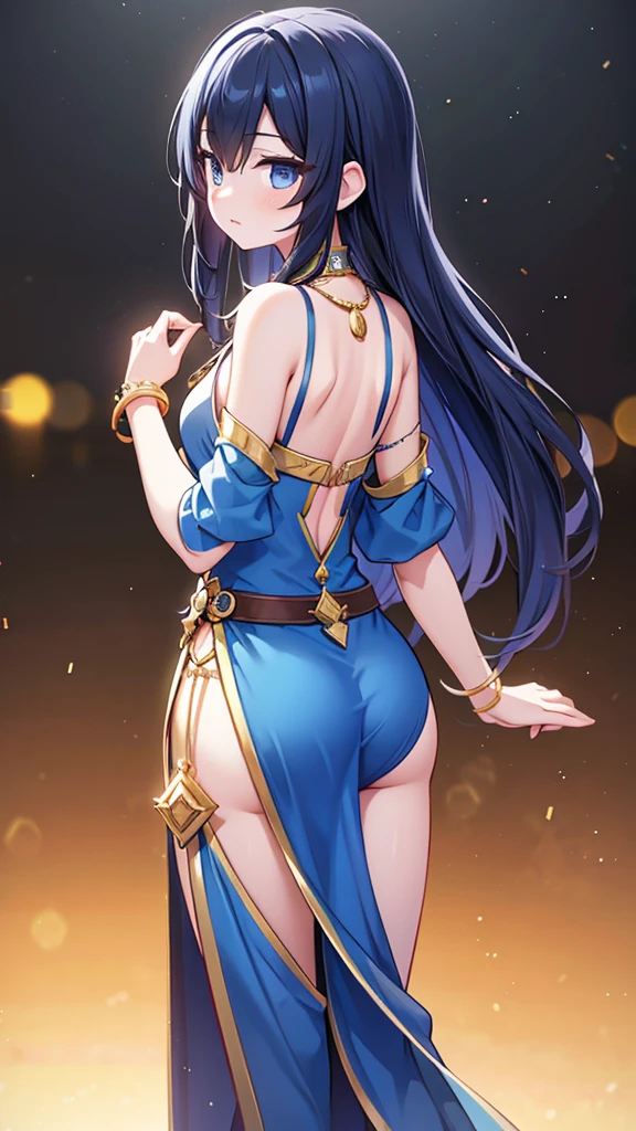 arafed woman in a blue dress with a gold belt and a necklace, 3 d render character art 8 k, trending on cgstation, chengwei pan on artstation, inspired by Lan Ying, 8k artgerm bokeh, 8k high quality detailed art, deviantart artstation cgscosiety, cgsociety 8k, cgsociety 8k, back turned