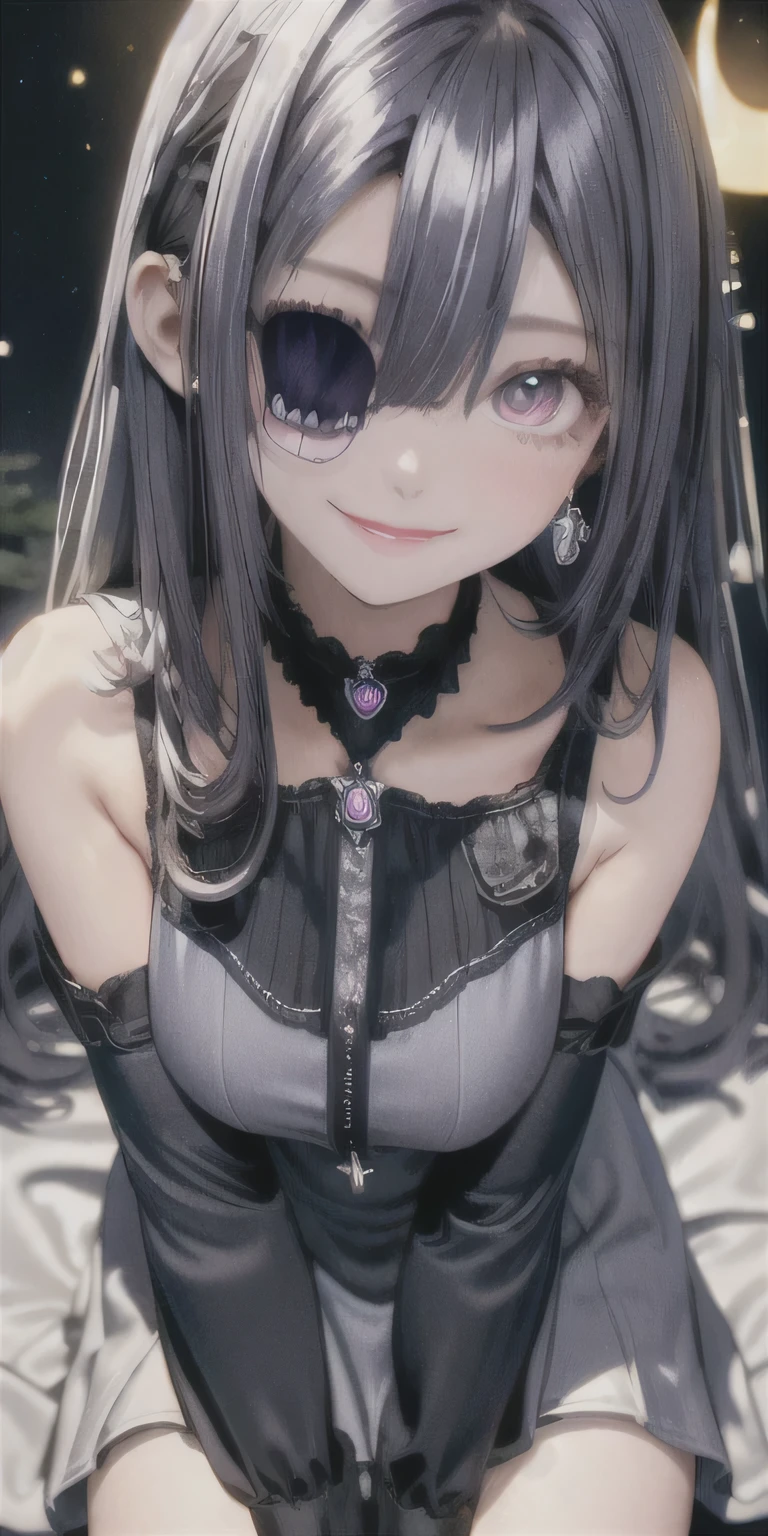 high quality, 8K, masterpiece, moon-light, a girl smiling sitting on terrace, natural smile, silver hair, purple eyes, nice skin, long waved hair, silver jewelry