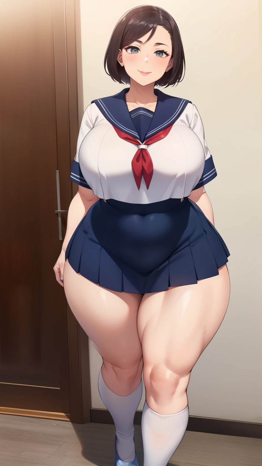Large Breasts, Big Hips,Full Body Shot, Mature mother, Whipping the lower body, Plump thighs, ox, Seductive mature woman, Perfect body, Plus Size Model,high school girl,Sailor suit, The skirt is short,Mature woman wearing Sailor suit,