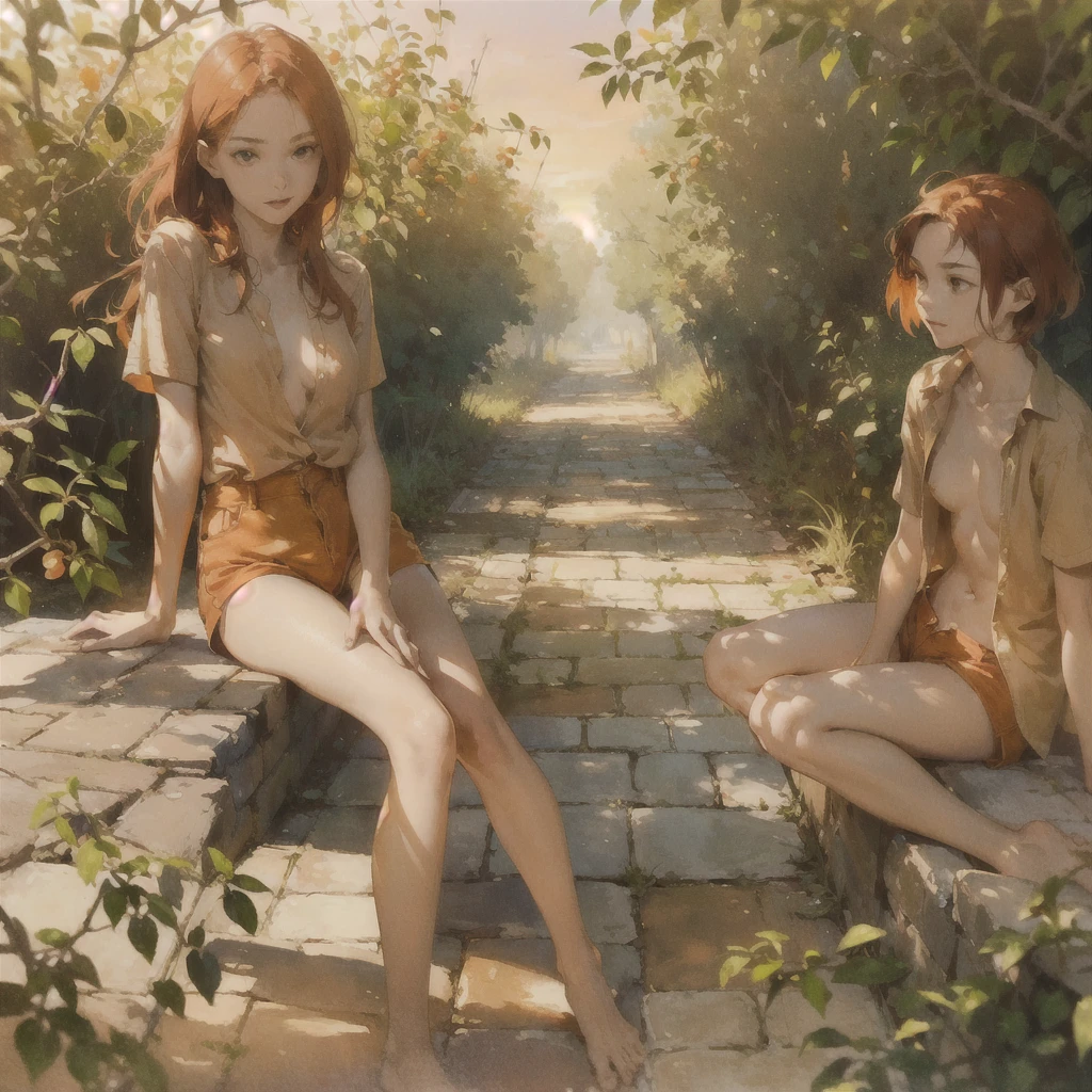 Beautiful slender thin exquisite (nude) (Girl ) (with a perfect southern type face) with short red hair (with tender beautiful breasts with tender nipples) barefoot with bare thighs ((with red pubic hairs)) ((in an unbuttoned open light orange shirt over his naked body and short light orange shorts)) (is sitting) (on a brick road) in the middle of a flowering field (with a glass of wine) ((and, trickles between legs)), in a gentle watercolor style, Discreet shades, sfumato, haze, diffused dim light, delicate mint shades, imitation of film photography, (olive and grape groves, Brick Road), (High image quality, Maximum detail), (sunset lighting, Warm evening shades, warm golden and olive sunset light)