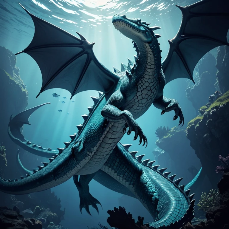 Underwater, deep underwater, ocean depths, looking up, aquatic dragon swimming above, looking at dragon from below, huge dragon, wings tucked in by sides, body like an alligator, large powerful tail, swimming with tail, breathtaking, gorgeous