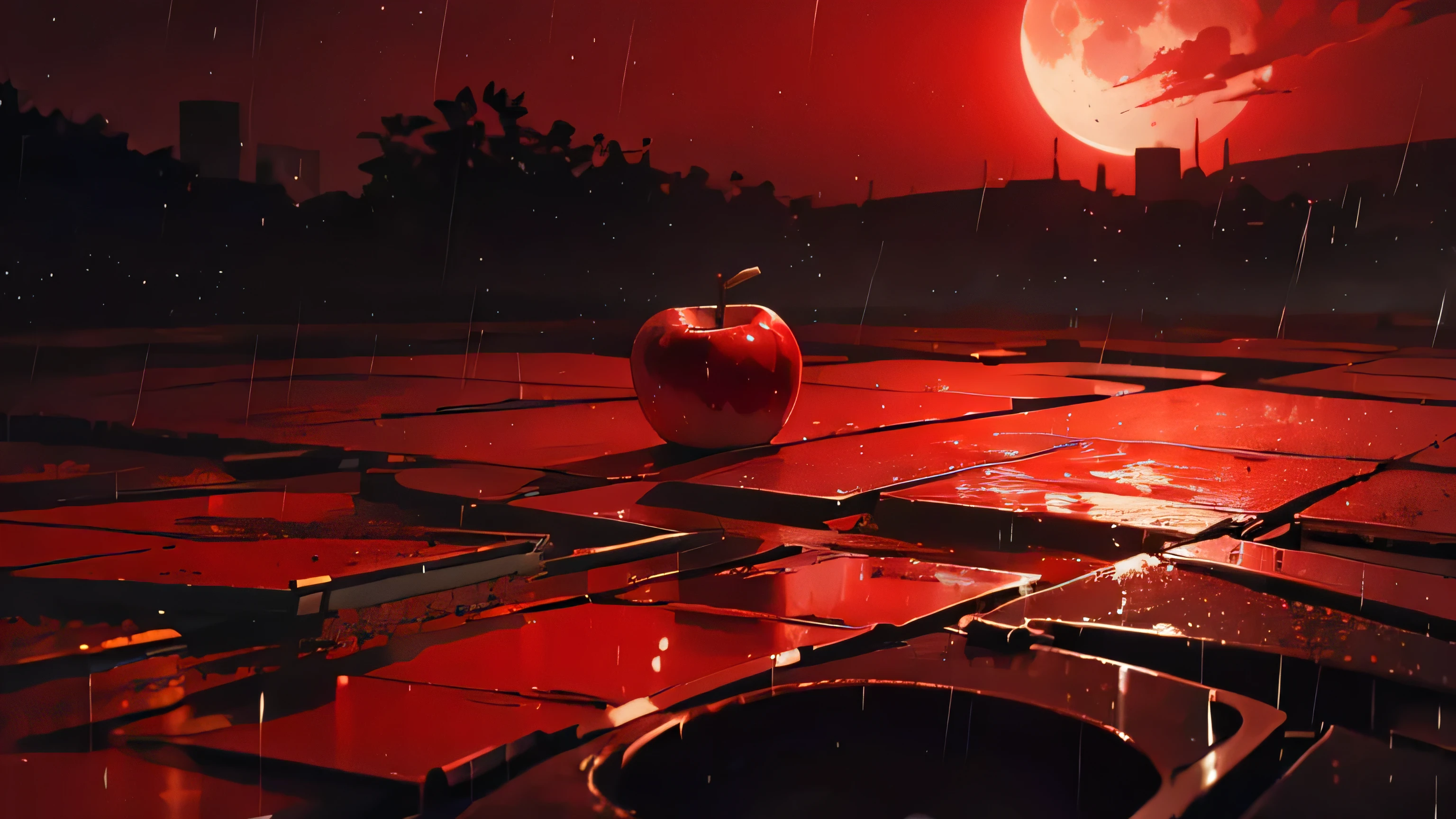 a red apple in the night in the light of the moon volumetric lighting, volumetric shadows, Masterpiece, Best quality, sky, raining detail