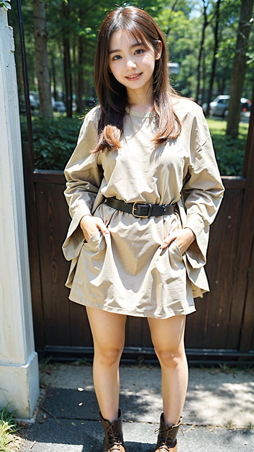 (8k、RAW Photos、highest quality、masterpiece:1.2)、(Realistic、Realistic)、1 girl、((Pink Dress、Black accents、Cute Costumes、Gold Belt、See-through、boots、Large Breasts、View from the front、Standing with hands on hips))、Lots of eyelashes、Glowing eyelids、skeletally correct