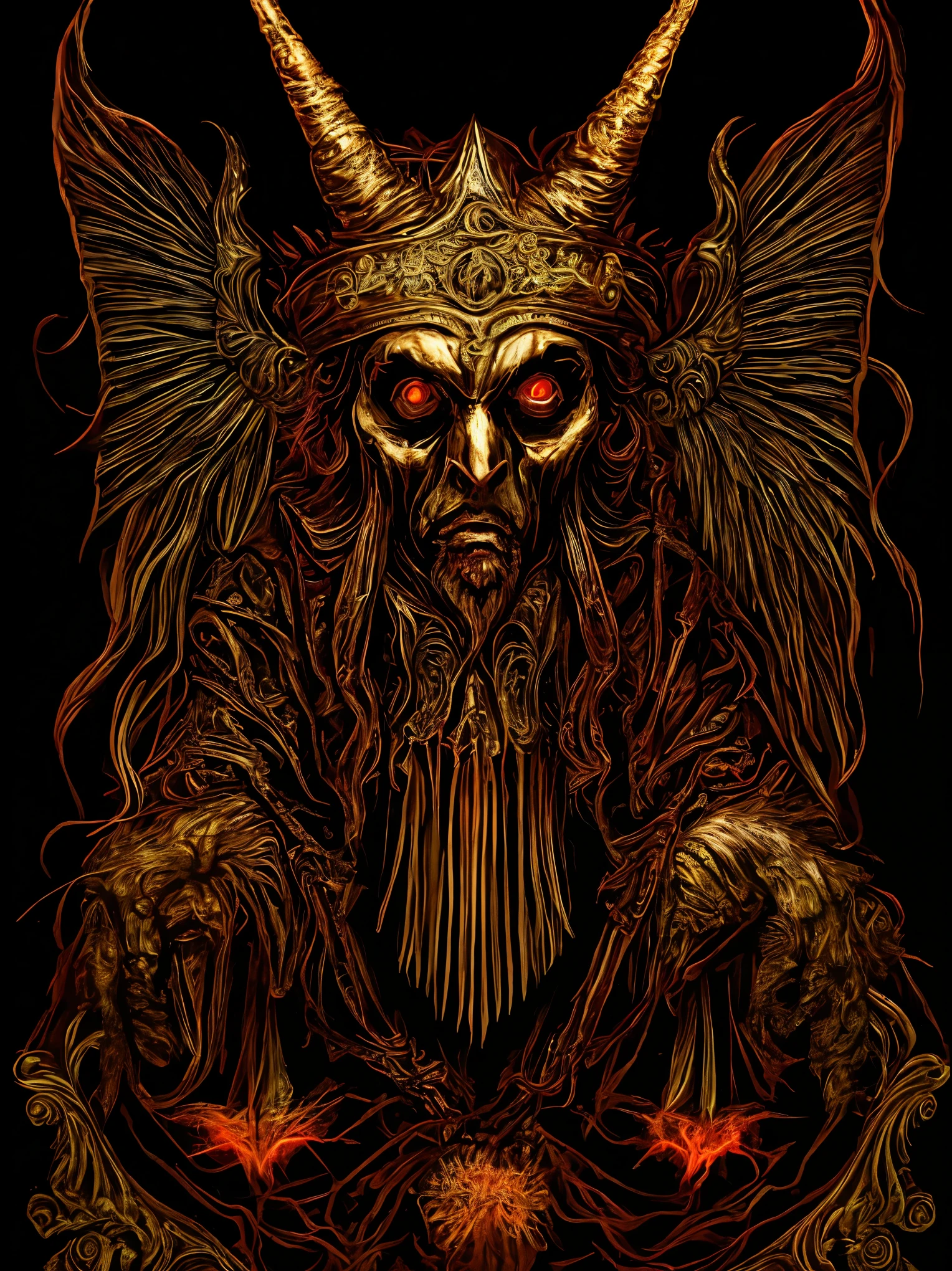 In an occult ritual, depict the Goetia King Paimon, a powerful demon. Emphasize the main character as the focal point, with extreme detail on their face and eyes. The medium should be a realistic, detailed illustration with vivid colors. Add extra details like glowing sigils, swirling smoke, and a dark, mysterious atmosphere. Use the best quality, high-resolution techniques like HDR and studio lighting to enhance the image. Apply an eerie color palette with intense shadows and highlights to create a sense of foreboding. Illuminate the scene with dramatic, otherworldly lighting, casting eerie shadows.