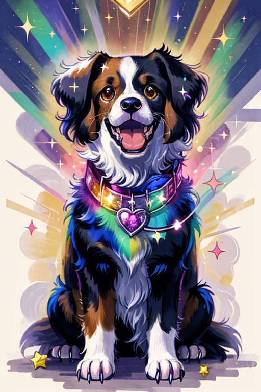Niji Pride, solo, smile, open mouth, heart, star (symbol), collar, no humans, sparkle, fangs, looking up, spaniel, animal focus, sparkling eyes,