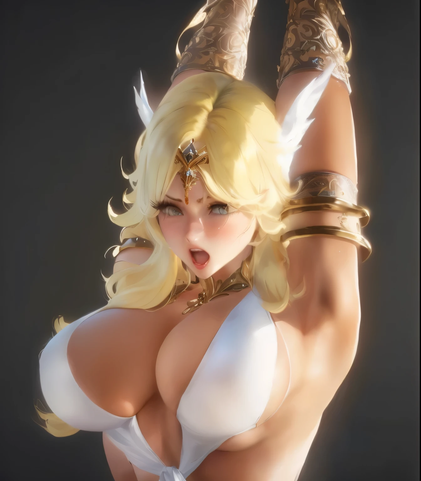 a close up of a woman in a white dress with gold details, blonde hair, cleavage, big breasts, golden tiara on her forehead, open mouth, open eyes, worried face expression