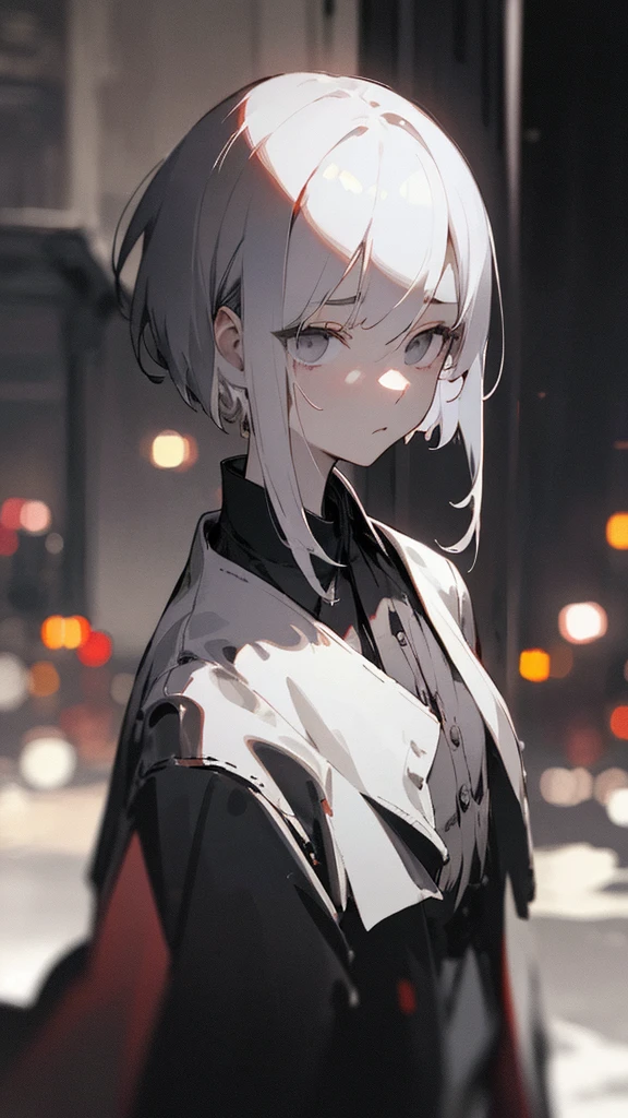 (masterpiece、highest quality)、Short nape hair、1 girl with very short white hair、Black cardigan、Grim expression、Grey Eyes、Warm lighting、 Blurred foreground、Deep in the night、High Contrast、night、In the city,it&#39;s,winter,Alone in the vast snowy field,whole body,curse,Looking at me,Huge construction,moon,snow,snow,Snow is falling,Powder Snow