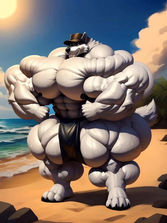 4K, high resolution, best quality, perfect lightning, perfect, Solitary, anthropology, young, Boys,White Wolf:2.0, Hairy body, (Fluffy mane:1.2), Fluffy tail, male, aldult, (Bulky 2:0, Thick muscle 2:0, Huge muscles:2.0, muscular:2.0), (Thick biceps, Veinous biceps, Broad shoulders:2.0), (Thick Legs, Thick calves:1.1), (Digitized foot, 4 Toes:1.2), perfect colors, (Realistic hair, Detailed fur, epic, masterpiece), (Suggestive pose:1.2), (seductive smile, smile 1.3), Beach detail:2.0,Detailed wolf eye:2.0, From k0suna, through dark gems,Superweapon:2.0,vein,White body,White fur,hyperass:2.0,Super strong claws:2.0,permanent,Thick Legs,thick ass:2.0,Sweaty body:2.0,Huge ass:2.0,Black Hat,hyper ass::0.7,Huge ass:2.0,Present the ass:1.2,Long legs,Juicy ass:2.0,hyperass,fat ass,fundoshi