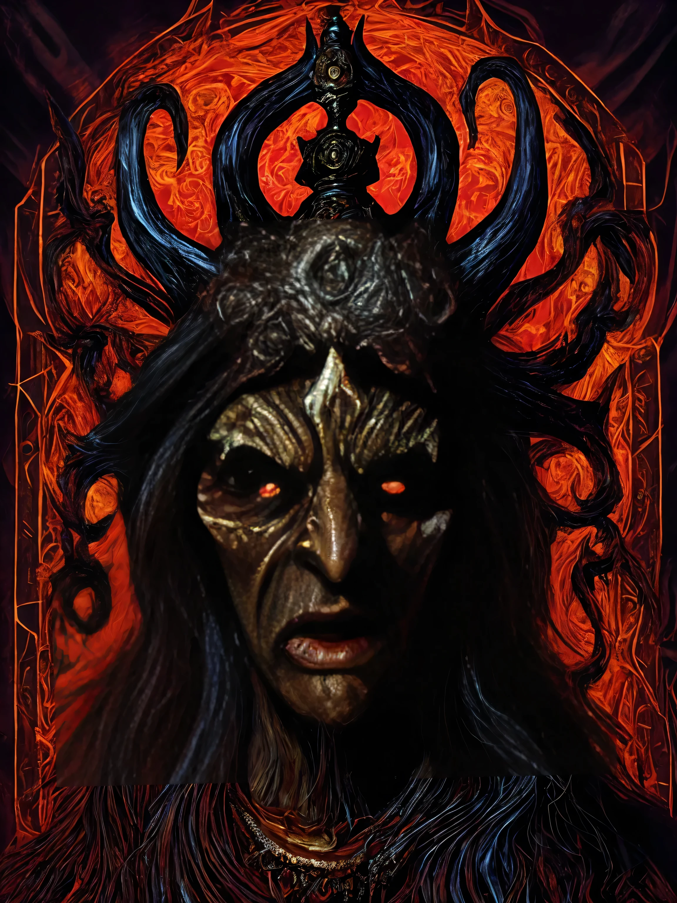 In an occult ritual, depict the Goetia King Paimon, a powerful demon. Emphasize the main character as the focal point, with extreme detail on their face and eyes. The medium should be a realistic, detailed illustration with vivid colors. Add extra details like glowing sigils, swirling smoke, and a dark, mysterious atmosphere. Use the best quality, high-resolution techniques like HDR and studio lighting to enhance the image. Apply an eerie color palette with intense shadows and highlights to create a sense of foreboding. Illuminate the scene with dramatic, otherworldly lighting, casting eerie shadows.