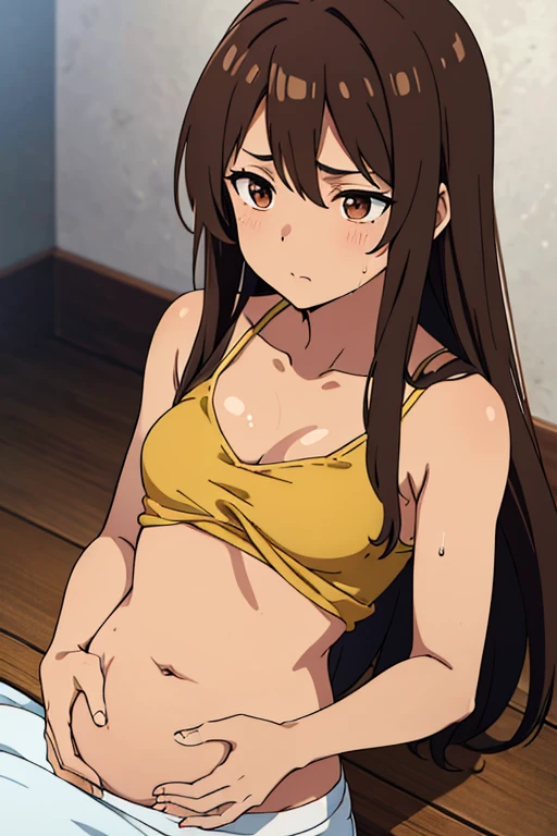 (masterpiece, top quality, best quality) brown skin anime girl in a v-neck lowcut cami , famished in hunger, (gently resting hands on stomach), (sweating), (long hair), (hands on her stomach)